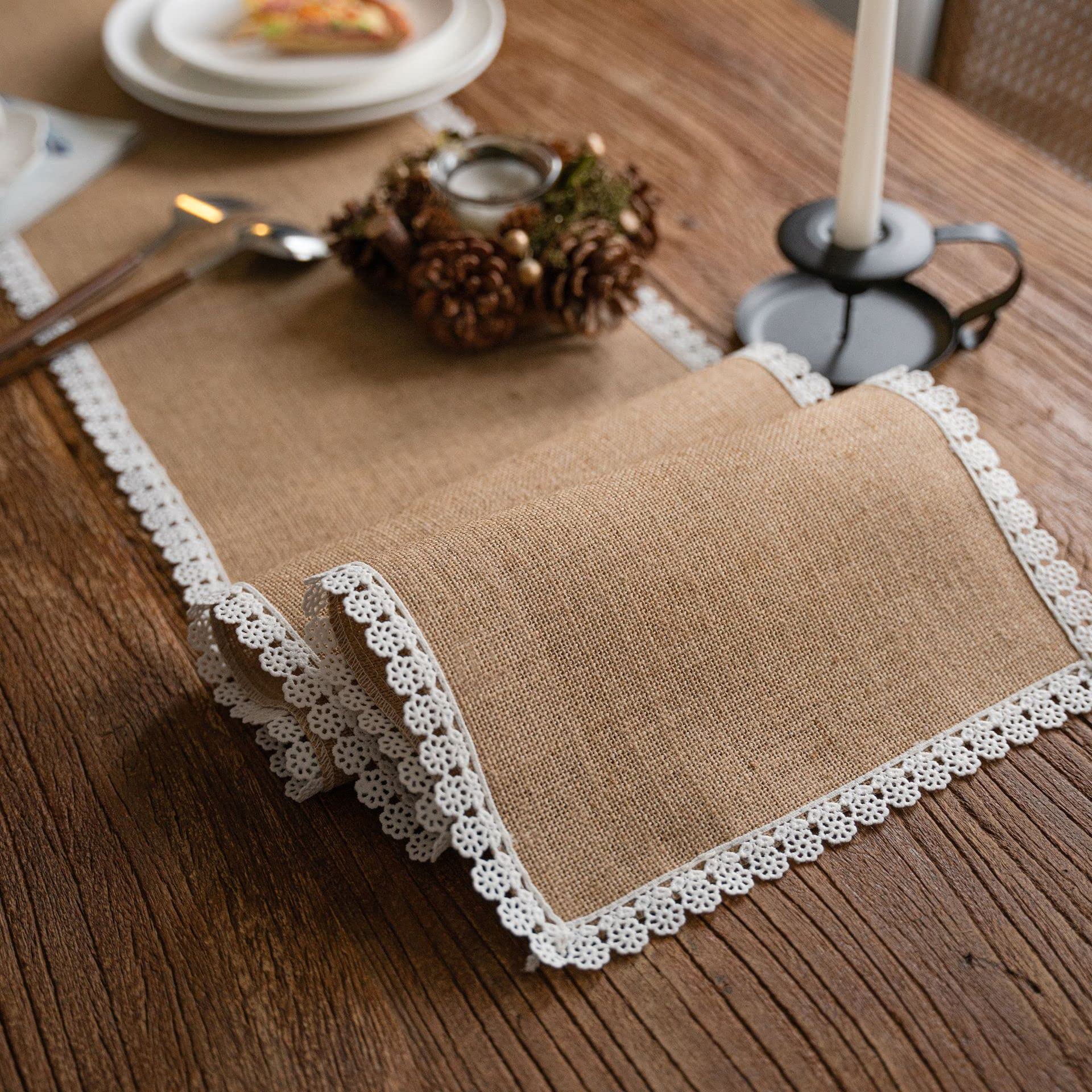 Table Runner Burlap Table Runner Hessian Natural Jute Roll with Lace Farmhouse Decor Woven Fabric Sewed Edge for Wedding Country Placemat(M,30*160cm)
