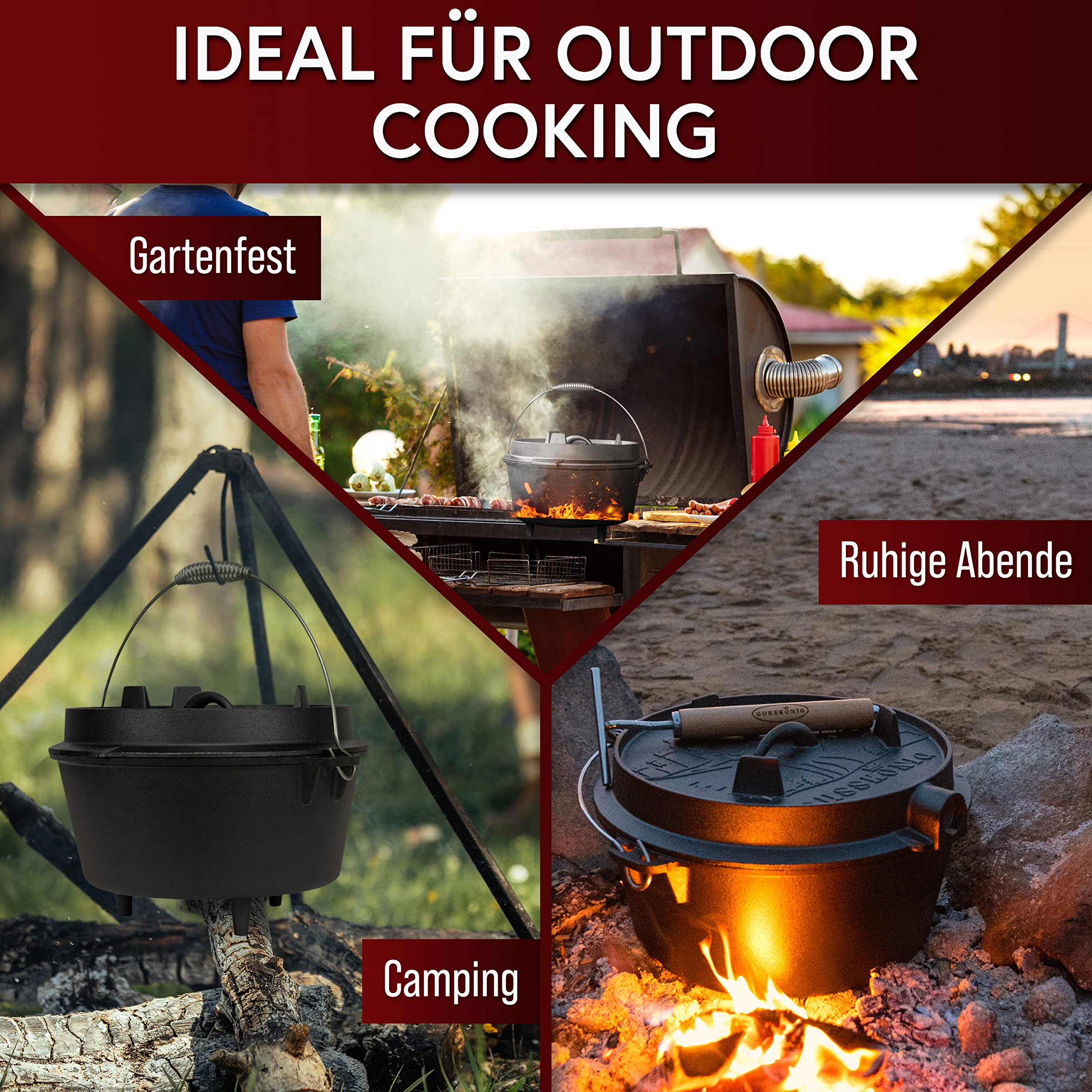 GUSSKÖNIG Dutch Oven Set - Eingebrannter Dutch Oven 9 Liter [6-10 Person]-Feuertopf Gusseisen mit Füßen-Schmortopf Doppelfunktion-2in1 Deckelheber, Bürste & DutchOven Rezeptbuch-30 Jahre Garantie