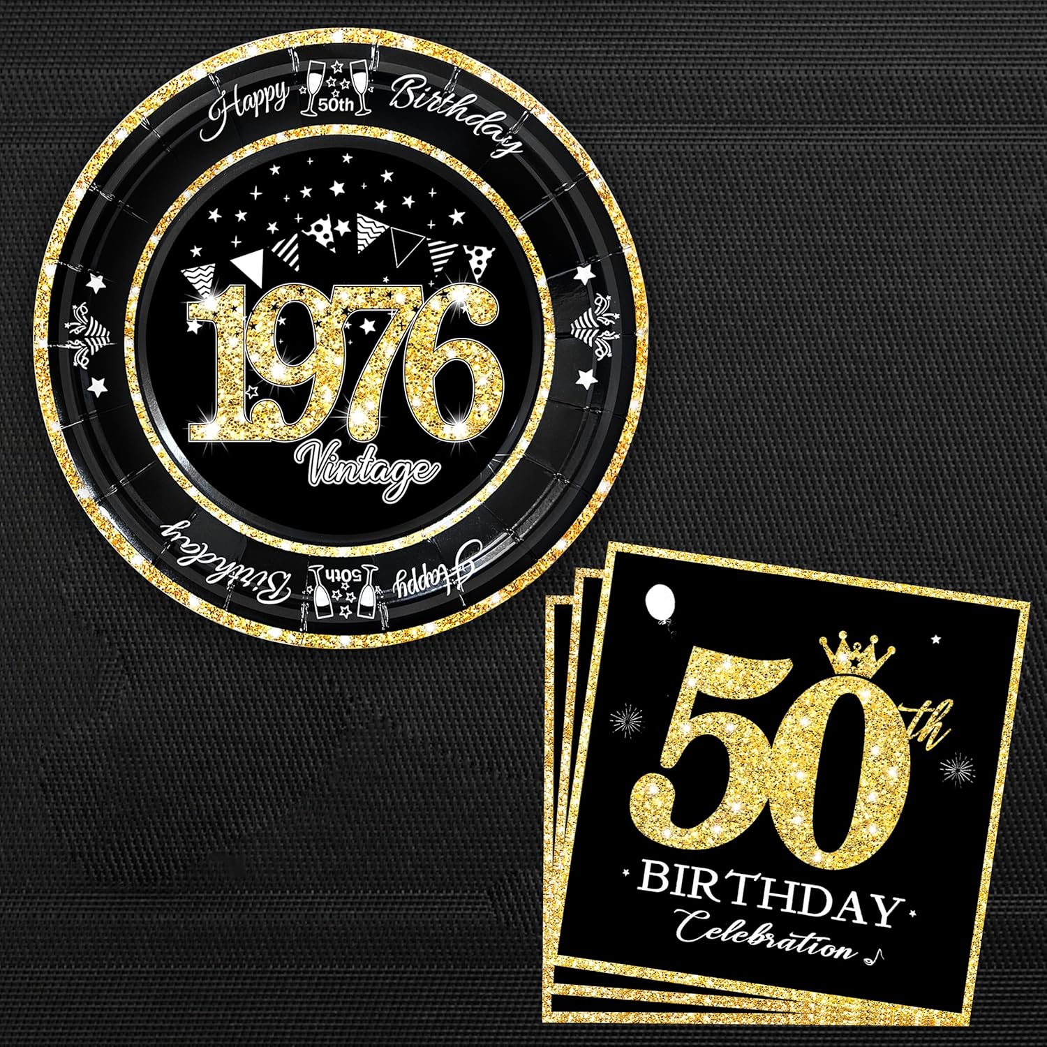 60 PCS Vintage 50th Birthday Plates and Napkins Set, 50th Birthday Decorations Black and Gold, Service for 30, 1976 Dessert Plates and Napkins Party Supplies for Men Women - Image 7