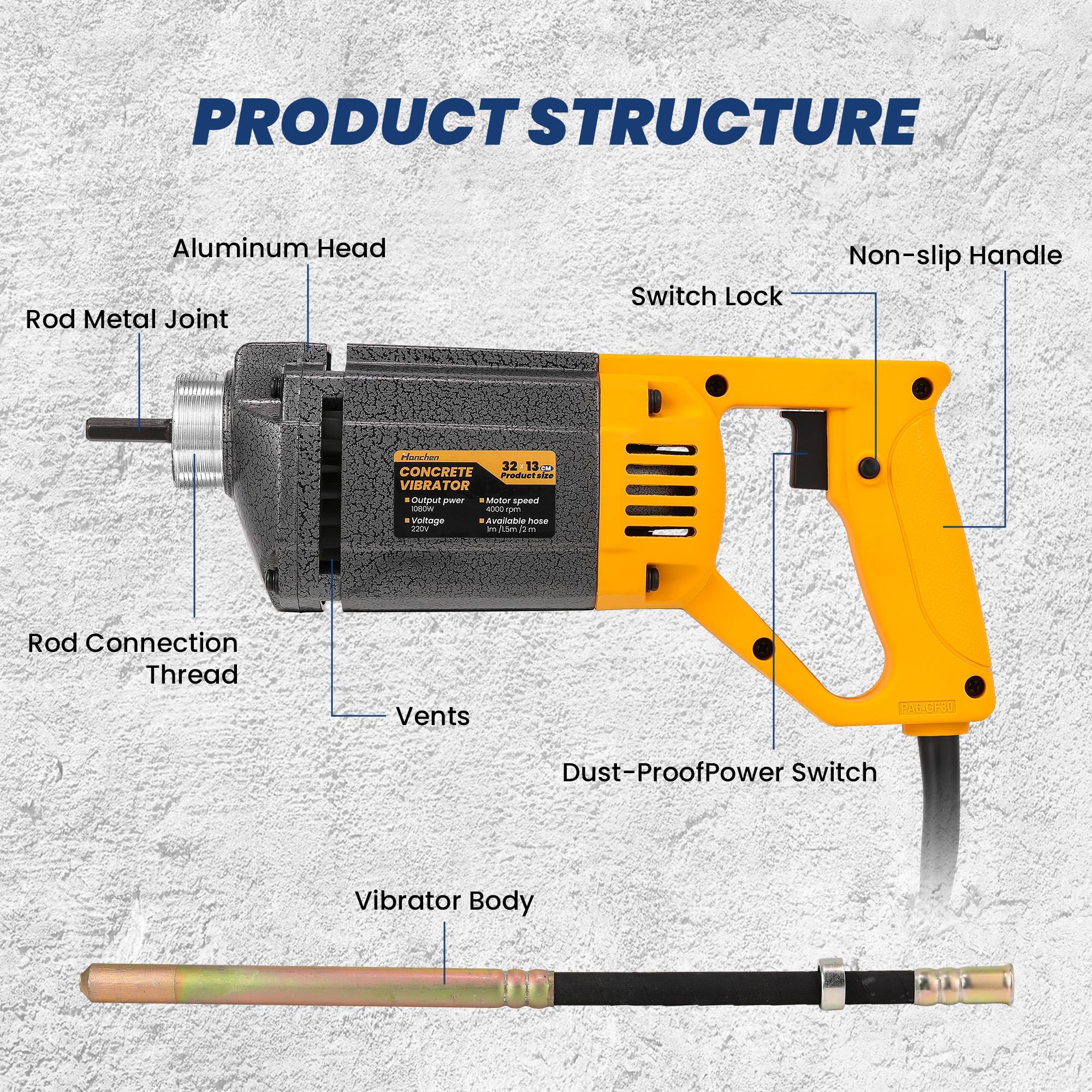 Hanchen Vibratore per Calcestruzzo Industriale 1080W Ago Vibrante per Cemento Elettrico Portatile 4000 giri/min 35mm con 1.5m Tubo per la Costruzione
