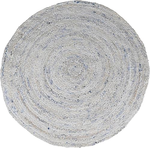 Alfombra redonda blanca y azul de 5 pies para sala de estar, trenzada, desgastada, de algodón, antideslizante, reversible, tejida a mano, Chindi de