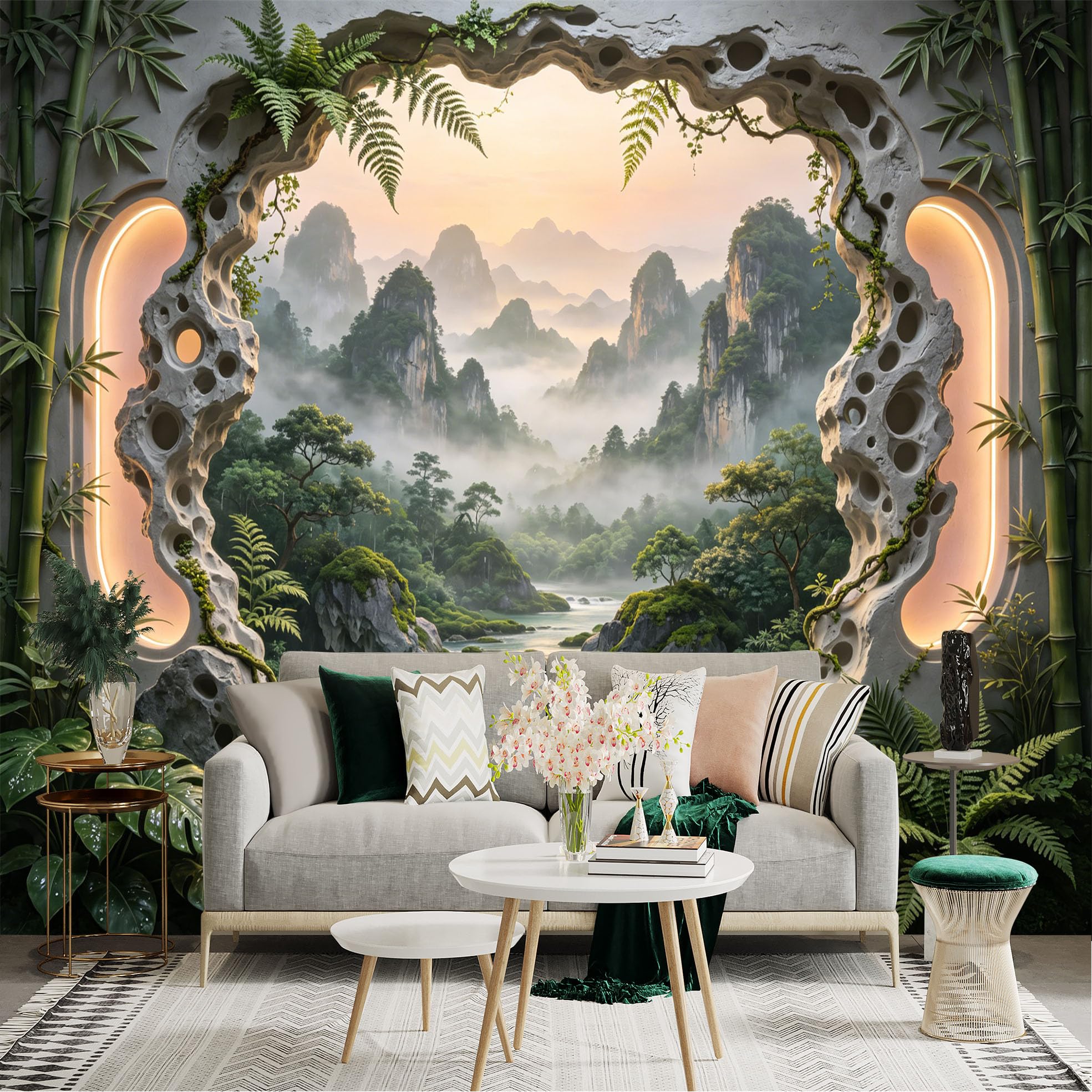 Custom Size Wall Sticker Mural， Misty Mountain Valley with Waterfall， Bamboo and Tropical Plants， for wall Decoration， peelandstick wall Decals.