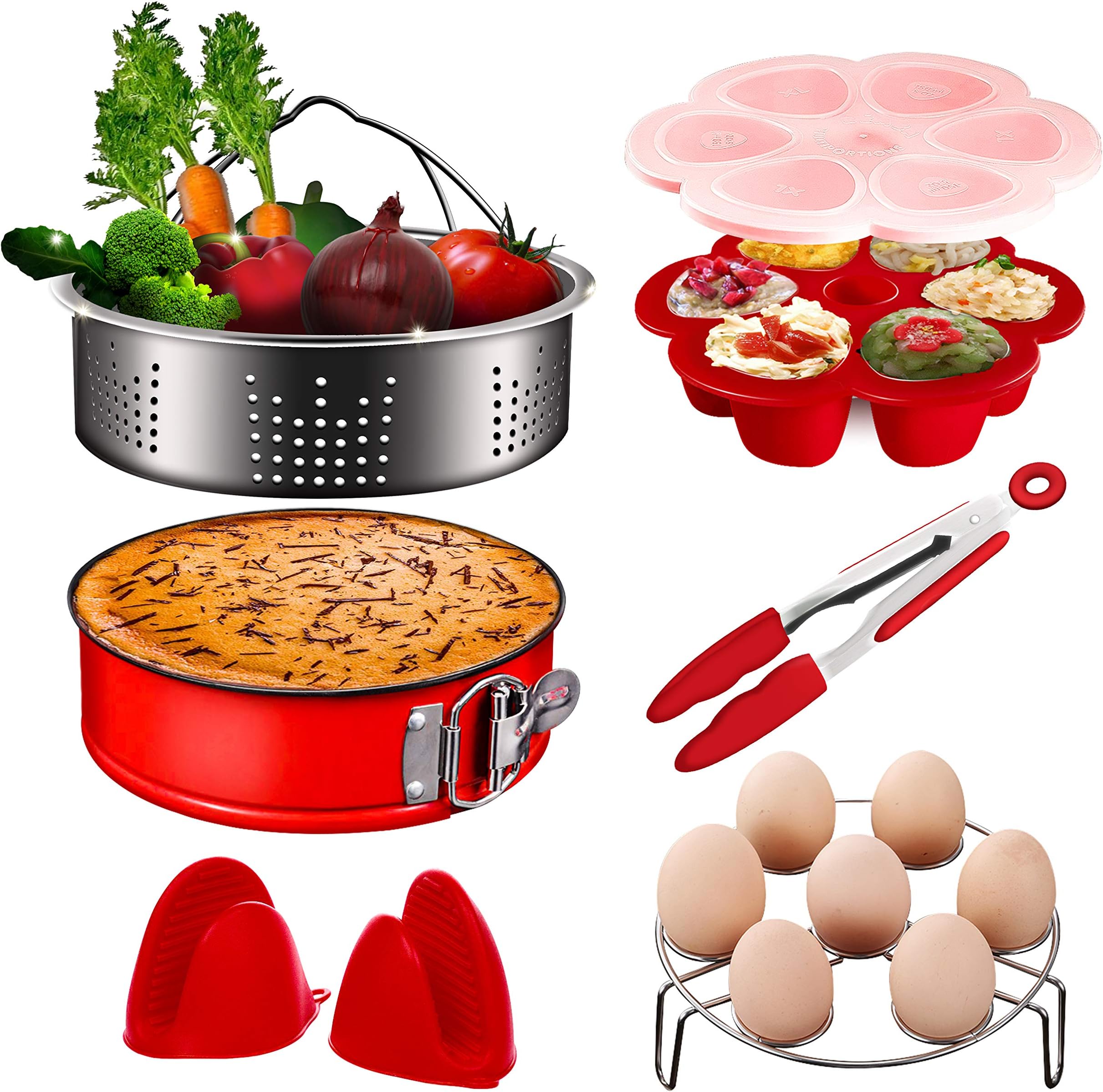 Pressure Cooker Accessories, Chekue InstaPot Accessory Includes Steamer Basket, Springform Cheesecake Pan, Egg Rack, Egg Bites Molds, Tongs and Mitts, Compatible with Instant Pot Accessories 6 8 Qt