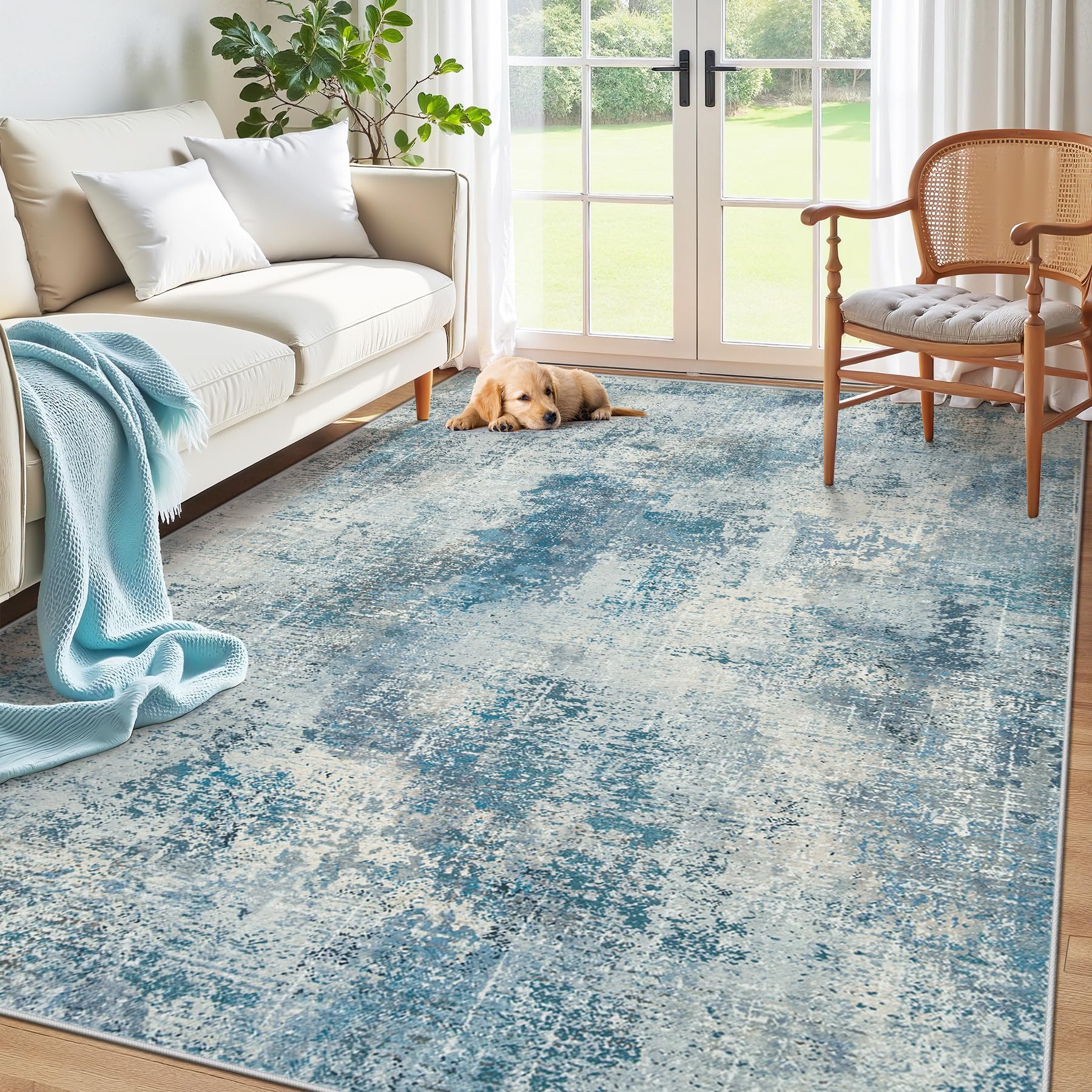 5x7 Rugs for Living Room, Washable Area Rug with Non-Slip Backing & Low Pile Modern Abstract Carpet for Bedroom Dinning Room Nursery Home Office(Blue, 5'x7')
