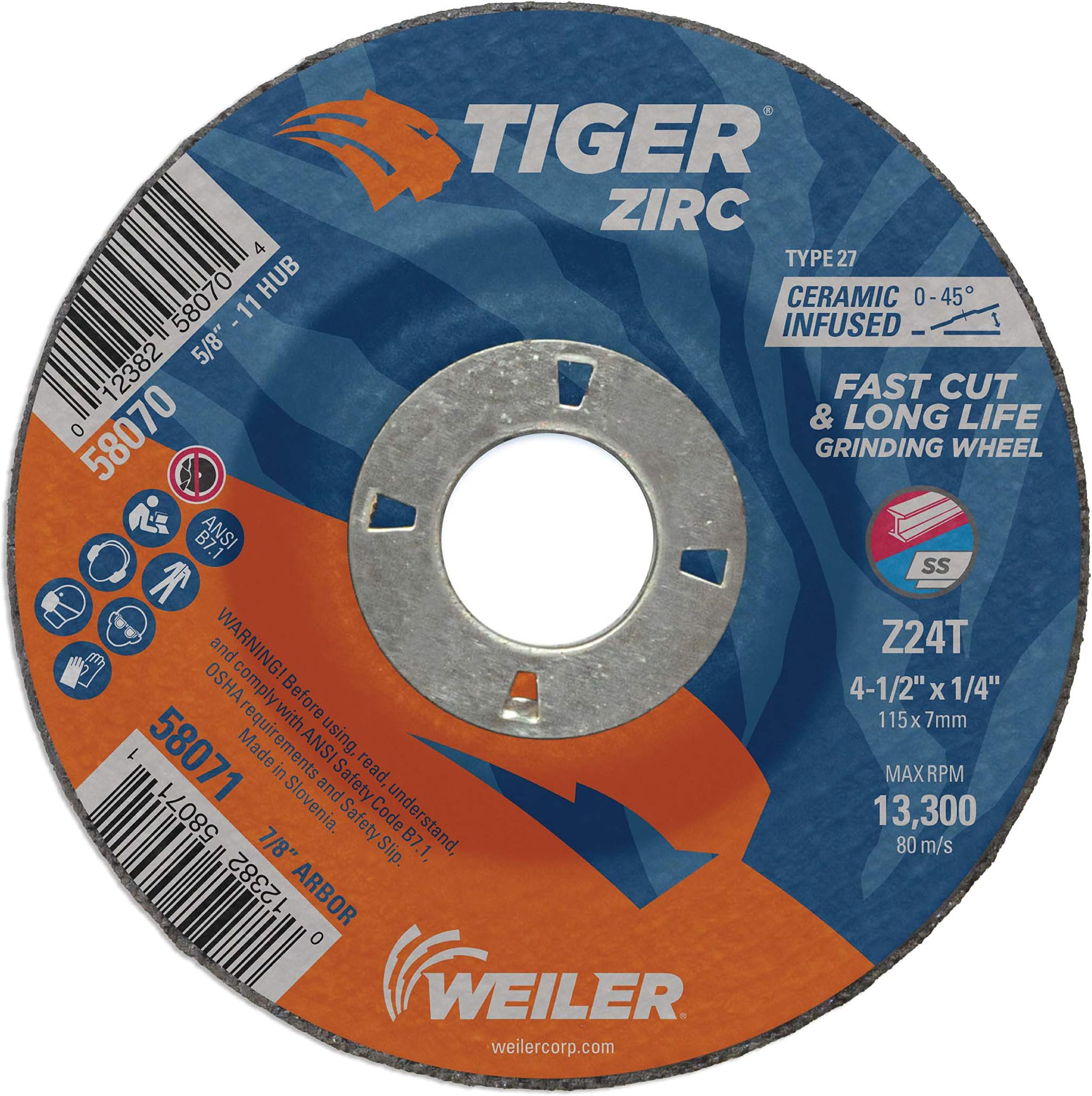Weiler58071 4-1/2" x 1/4" Tiger Zirc Type 27 Grinding Wheel, Z24T, 7/8" A.H. (Pack of 10)