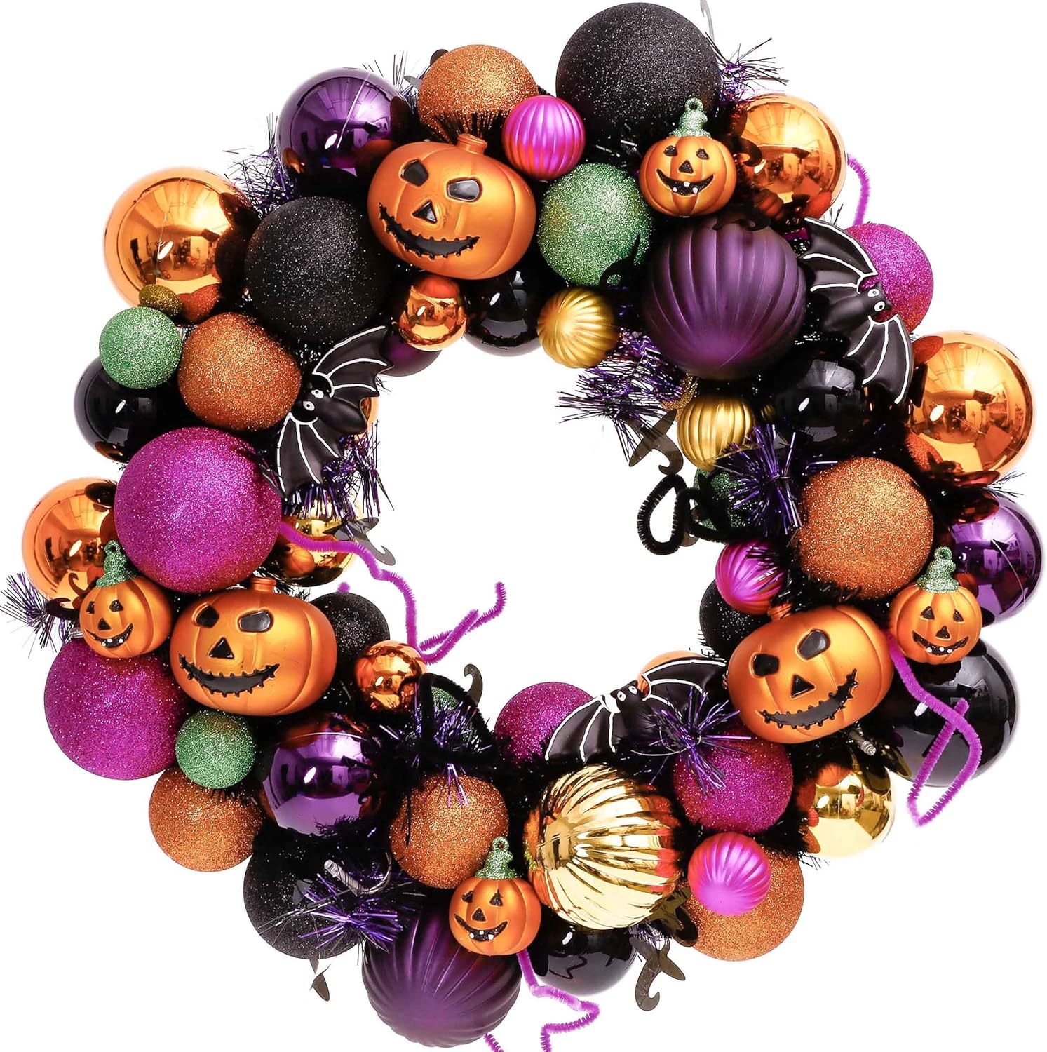 Valery Madelyn Halloween Decorations Indoor for Home, Pre-Lit Pumpkin Ball Wreath with 60ct Shatterproof Treat-or-Trick Ornaments for Centerpiece Wall Front Door, 20 Inch