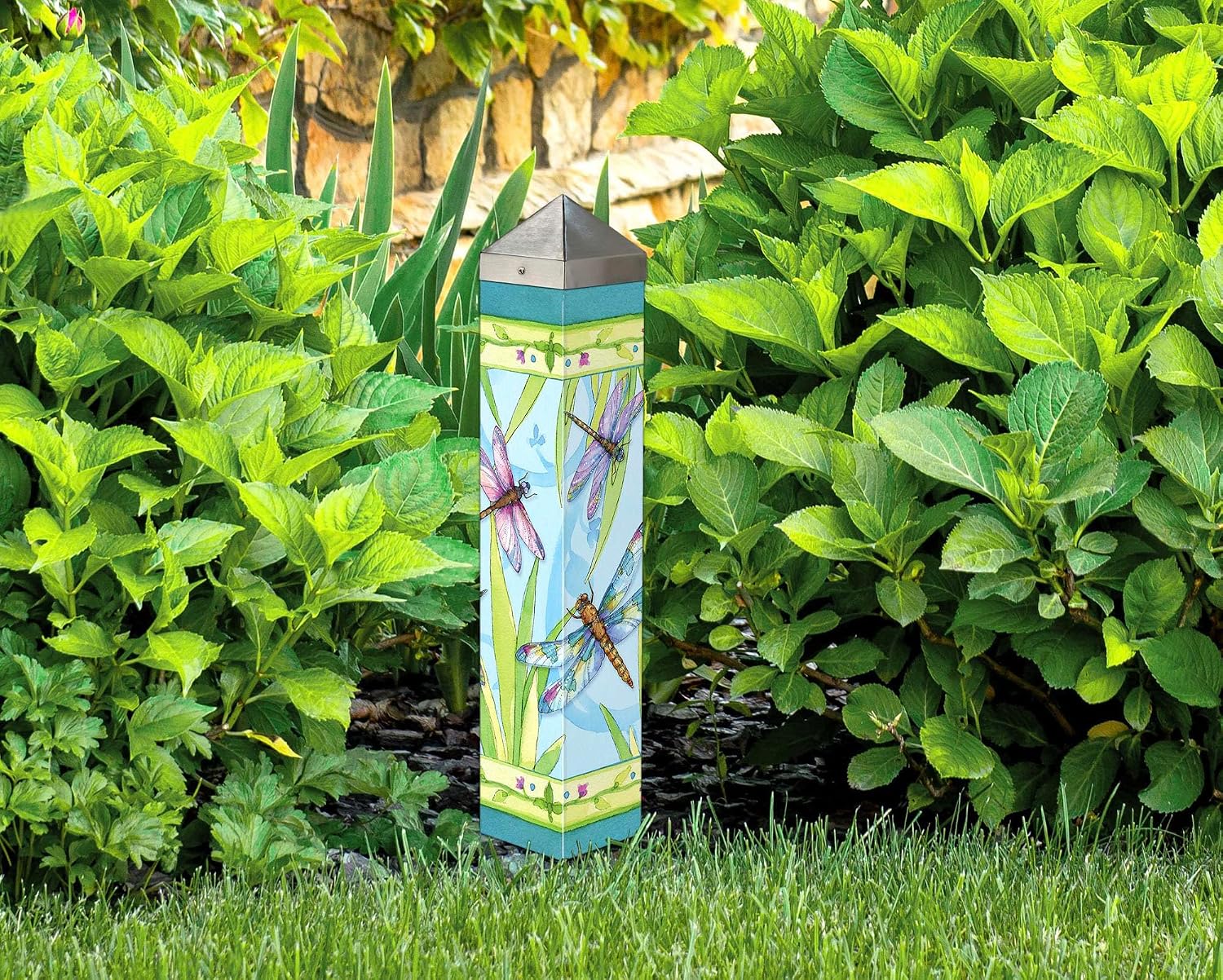 Studio M Art Pole Outdoor Decorative Accessory for Landscaping, Gardens, and Yards, 20 Inches Tall Weather Resistant PVC with Vinyl Wrap, Dragonfly Days