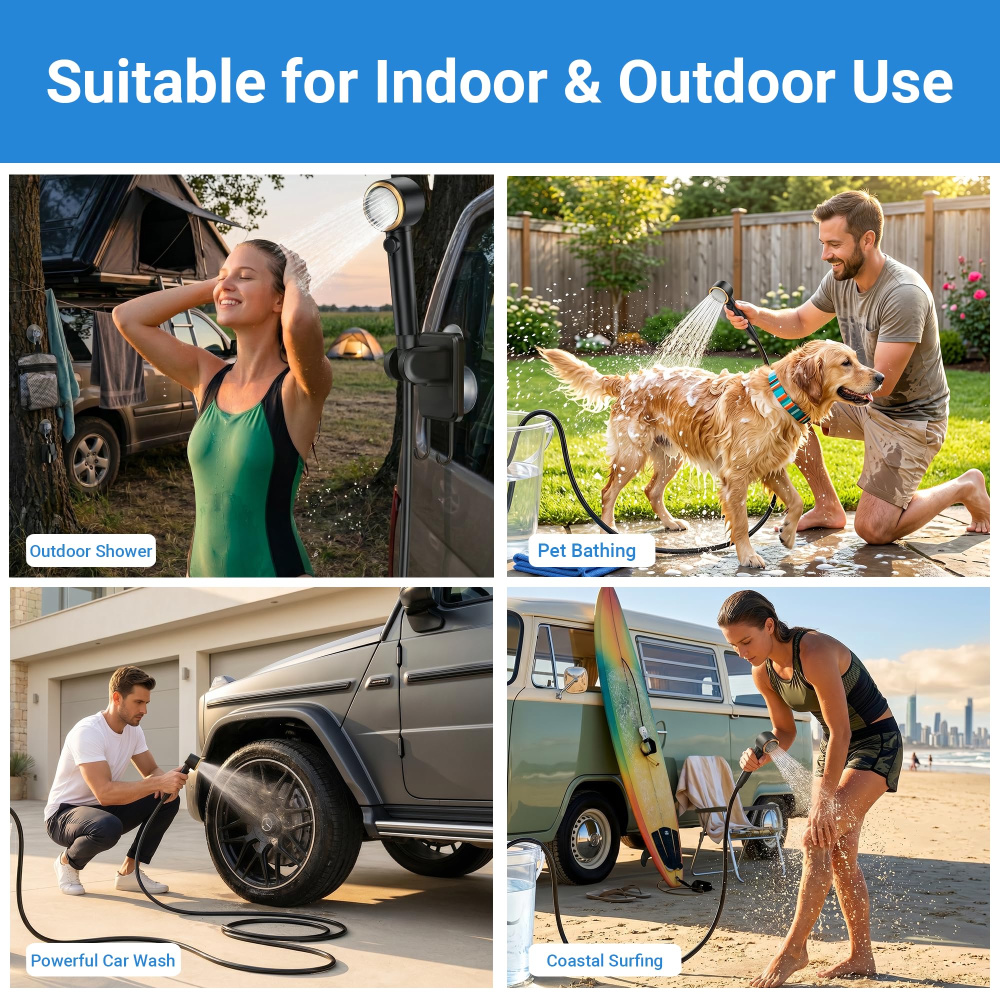 Douche de camping portable, 8 000 mAh, longue durée, rechargeable avec écran LED, 5 modes de pulvérisation, haute pression d'eau, pompe de camping étanche IPX8 pour randonnée, voyage, voiture