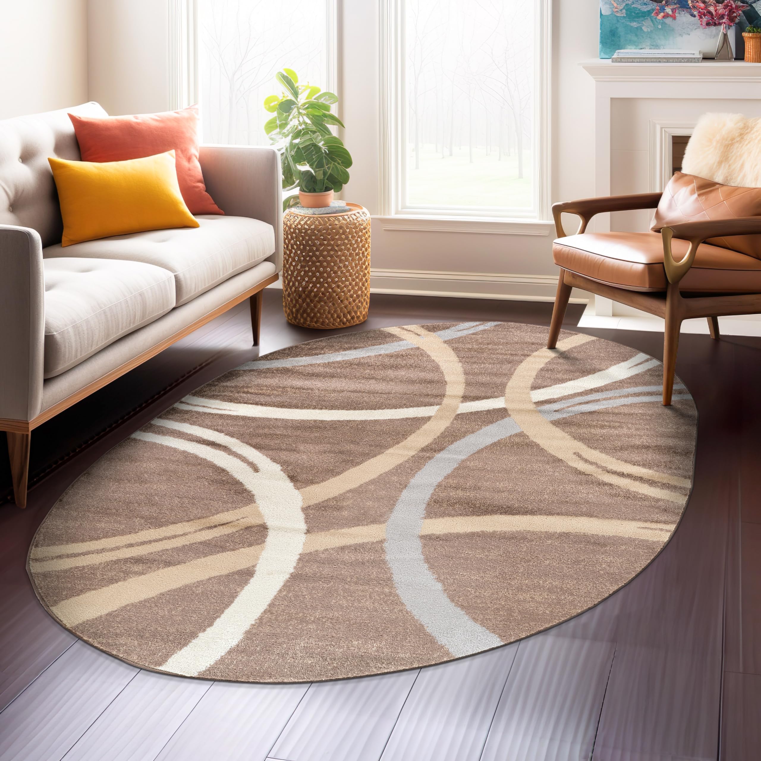 Rugshop Modern Wavy Circles Design Oval Rug, Non-Shedding Carpet for Bedroom, Living Room, or Dining Room, Brown, 5' x 7' Oval