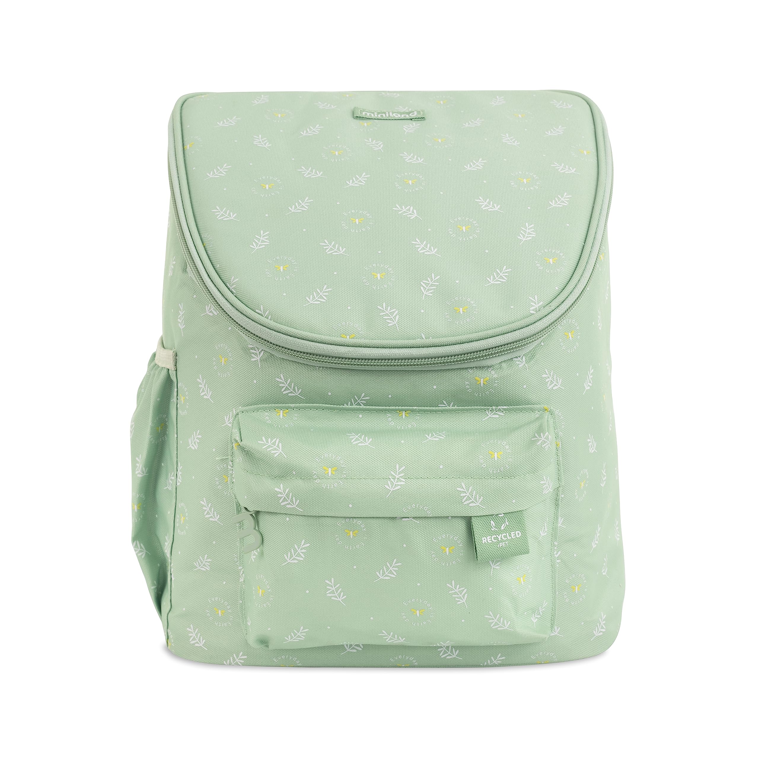 Miniland Ecothermibag Lunch Green. Bolsa nevera fabricada en textil reciclado de grandes dimensiones apta para colgar en el carro del bebé.