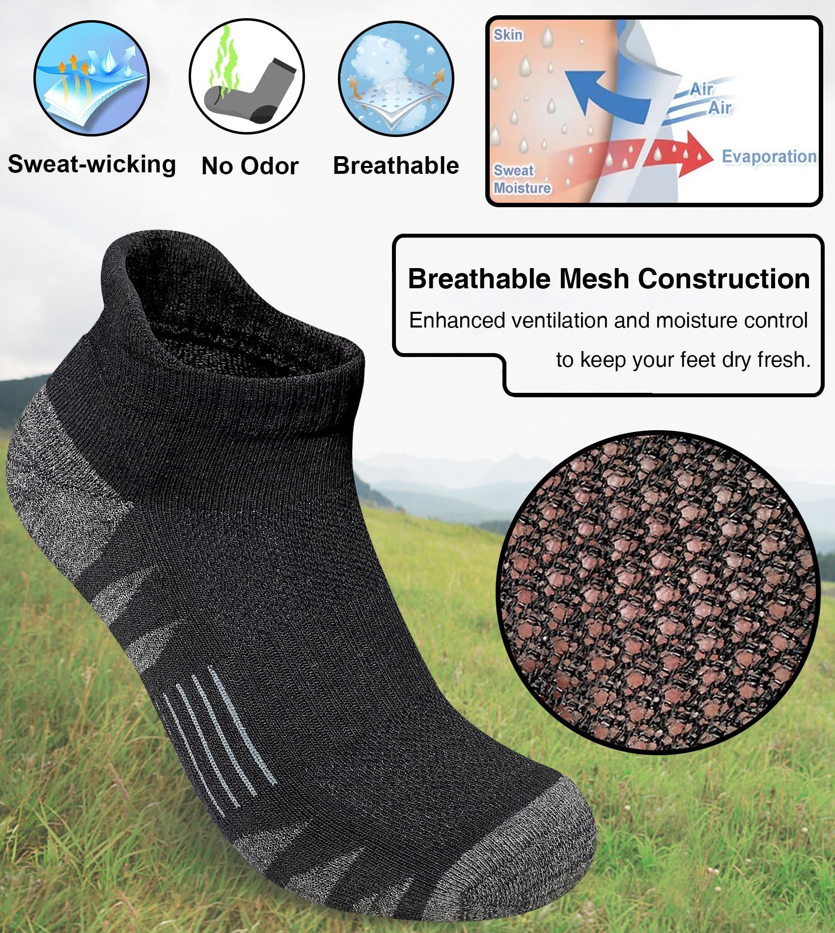 Heyoboy Sportliche gepolsterte Baumwollsocken für Herren, Anti-Blasen, feuchtigkeitsableitend, atmungsaktiv, Laufsocken, 5 Paar