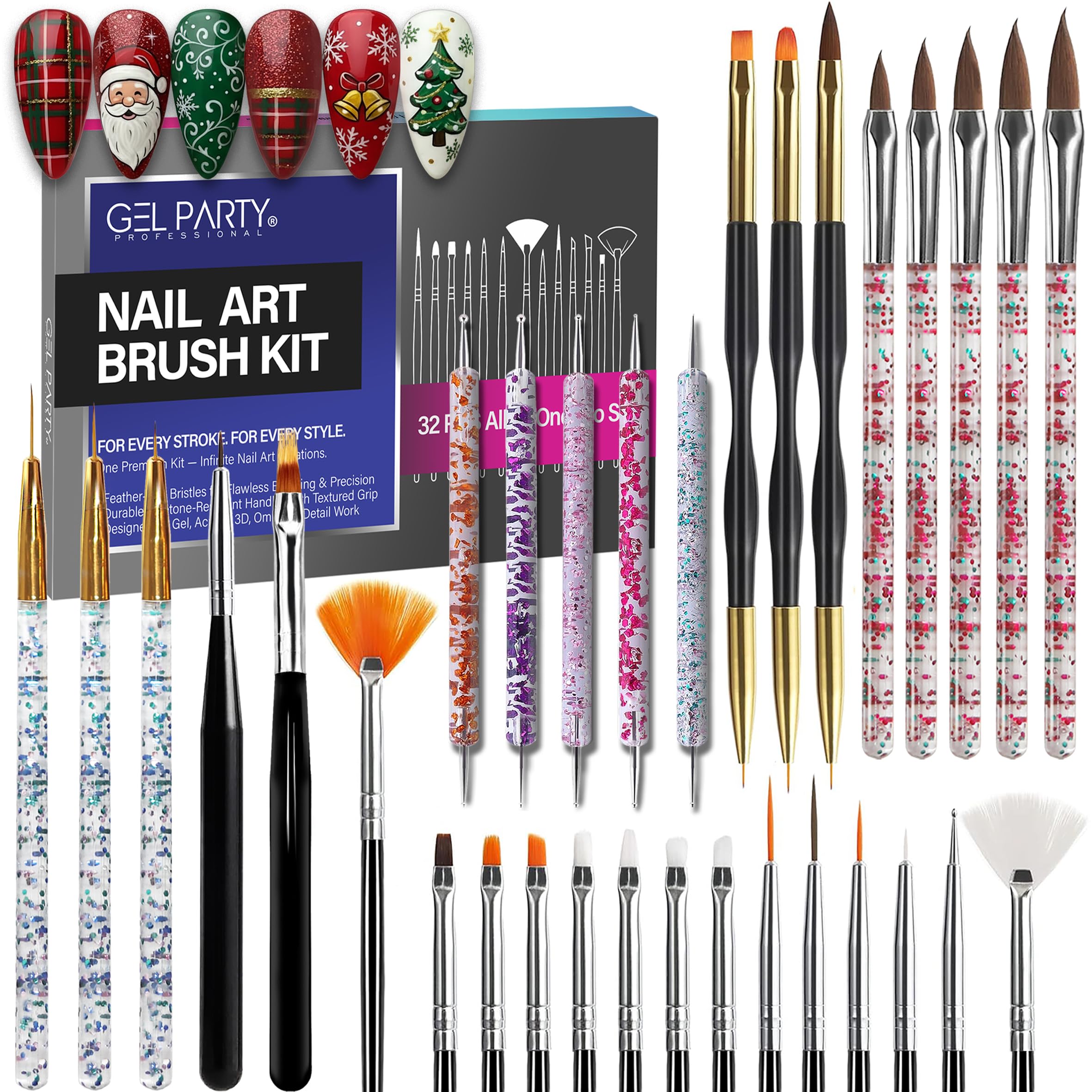 GELPARTY 32-Piece Nail Art Brush Set for Gel Polish, Acrylic & Nail Art
