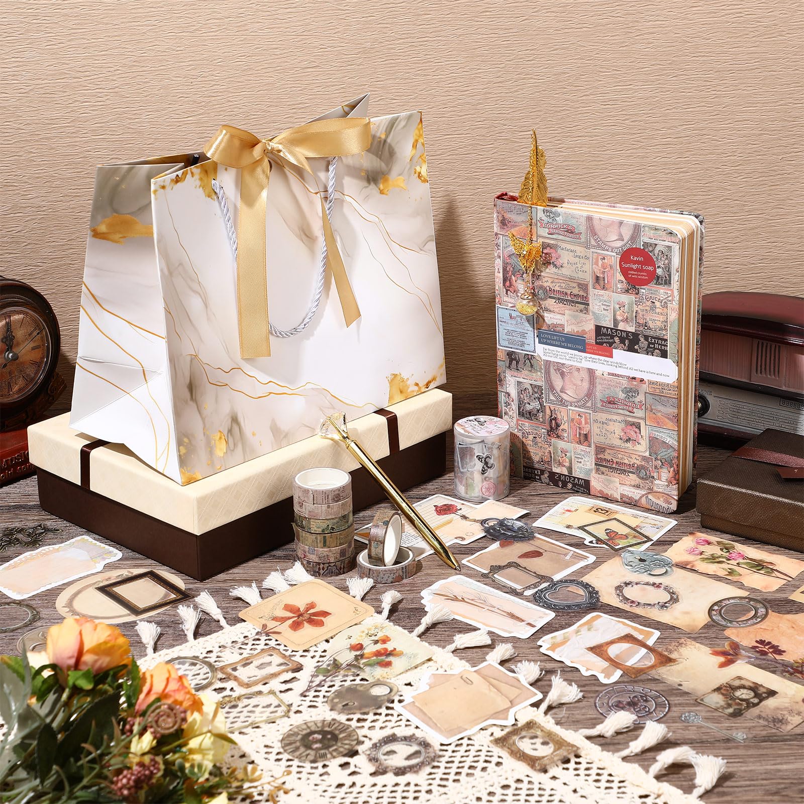 Kit de scrapbooking avec journal à faire soi-même avec serrure - Fournitures d'art et d'artisanat pour anniversaire, vacances, cadeau idéal pour femmes et adolescentes (marron, rétro)