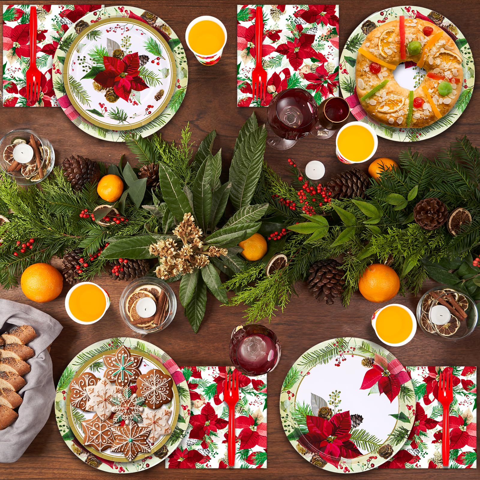 Christmas Poinsettia Party Supplies, 9.2" Paper Dinner Plates 7" Paper Plates 9oz Cups 6.5" Lunch Napkins Forks for Floral Christmas Poinsettia Pine Cones Burgundy Christmas Party Kit, Serves 24