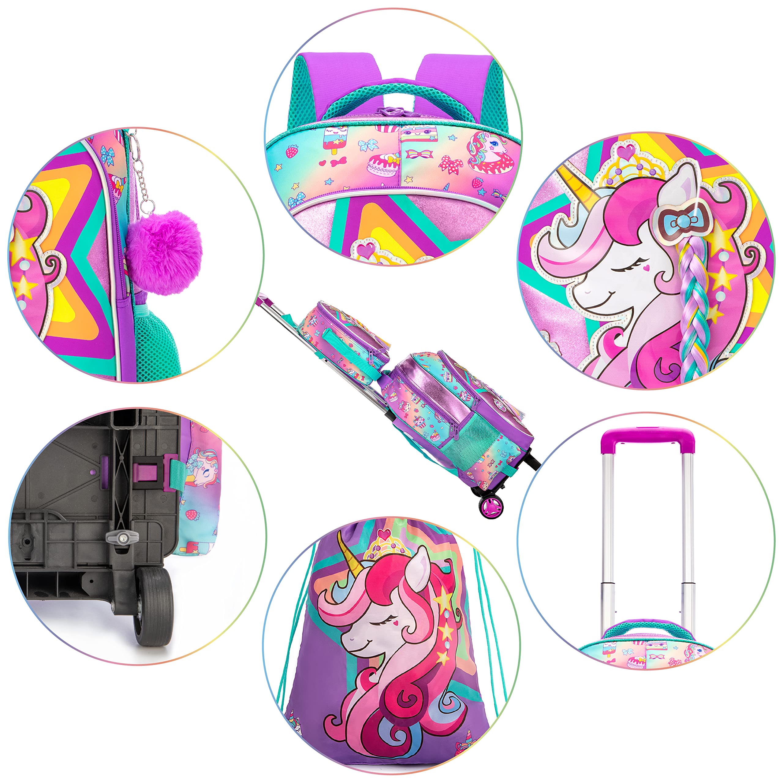 HTgroce Zaino Scuola Elementare Bambina Trolley 16 inch Zaino Trolley con Astuccio e Pranzo al Sacco, Zaino con Ruote Scuola Elementare Bambini Buono per la Scuola e i Viaggi