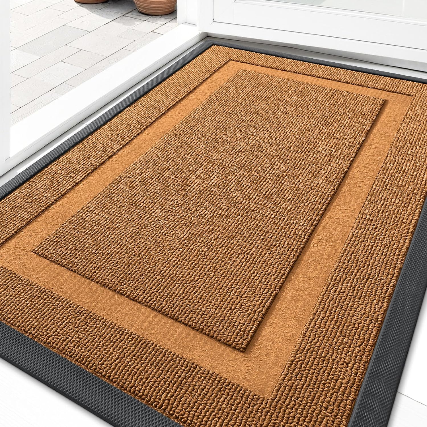 OLANLY Front Door Mat Indoor Outdoor Entrance, Waterproof All-Season, All-Weather Doormat, Sturdy Natural Rubber, Low Profile, Easy Clean Patio Porch Entryway Mat, 29.5x17, Tangerine Orange
