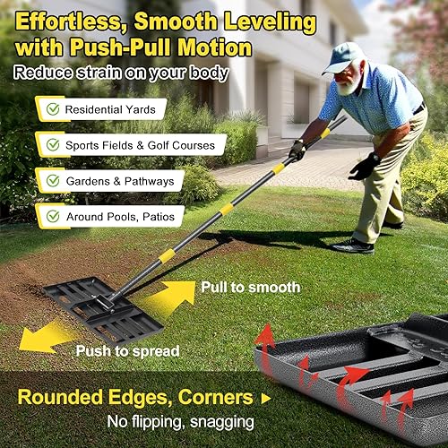 Miniatura 4 de Rastrillo de nivelación de césped, rastrillo de nivelación de césped grande de 30 x 10 pulgadas con mango ajustable de 5 pies para nivelación de