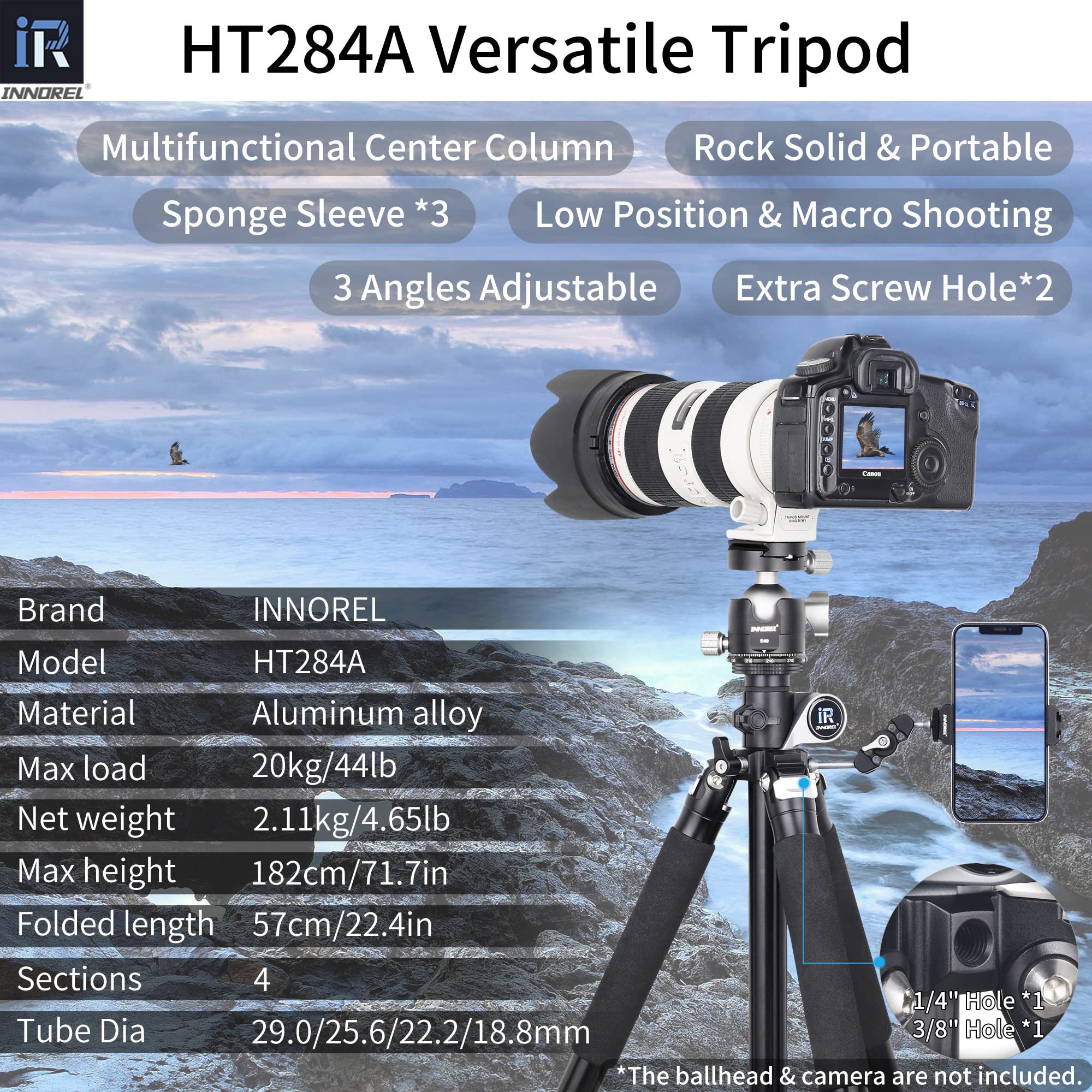 Trípode horizontal para cámara de aluminio-INNOREL HT284A con columna central giratoria de 360 grados para DSLR, vídeo, videocámara, viajes, cocina, trabajo, disparo versátil