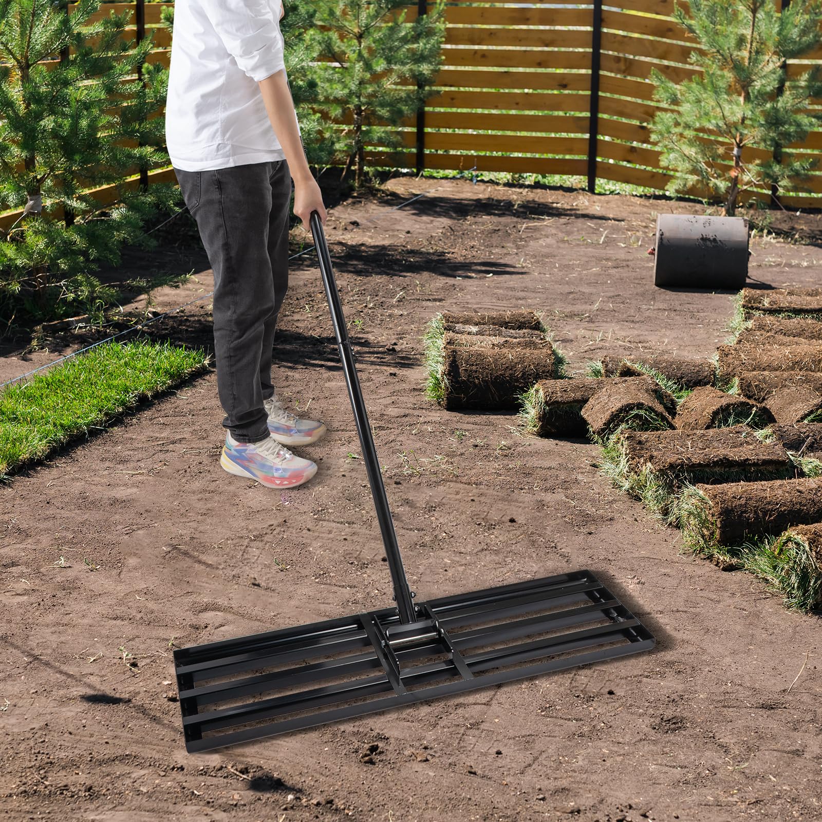 Rasenrakel 90 x 30 cm, Rasenrechen mit 190 cm Edelstahlstiel, Rasennivellierer zum Sanden und Einebnen von Rasen, Nivellierrechen für Garten und Golfplatz