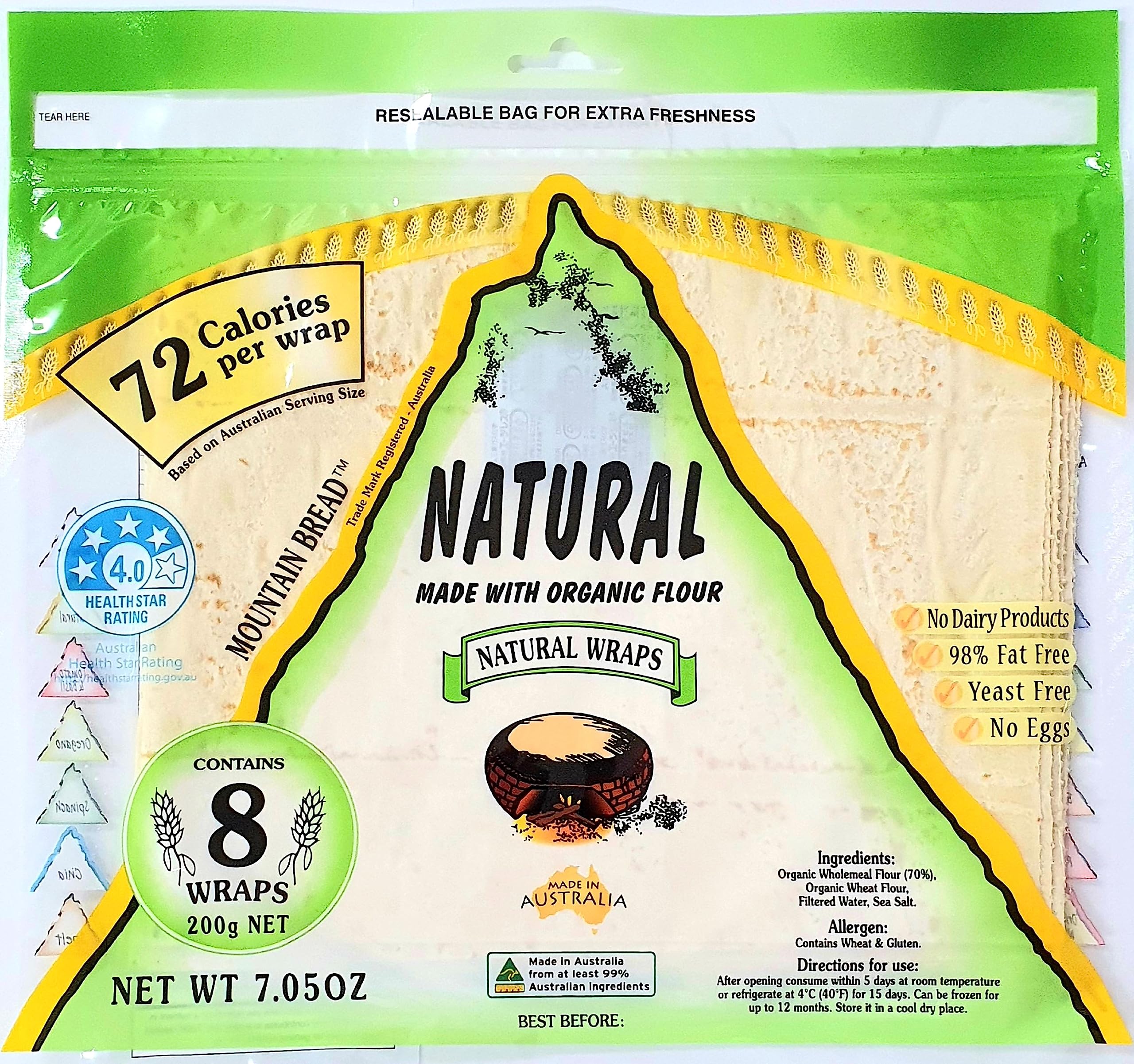 Gebirgsbrot Natur & Reis Flachbrotbandagen, dünne, trockene, weiche Tortilla, 98 % fettfrei, milchfrei, hefefrei, eierfrei, hergestellt in Australien, enthält 8 Packungen