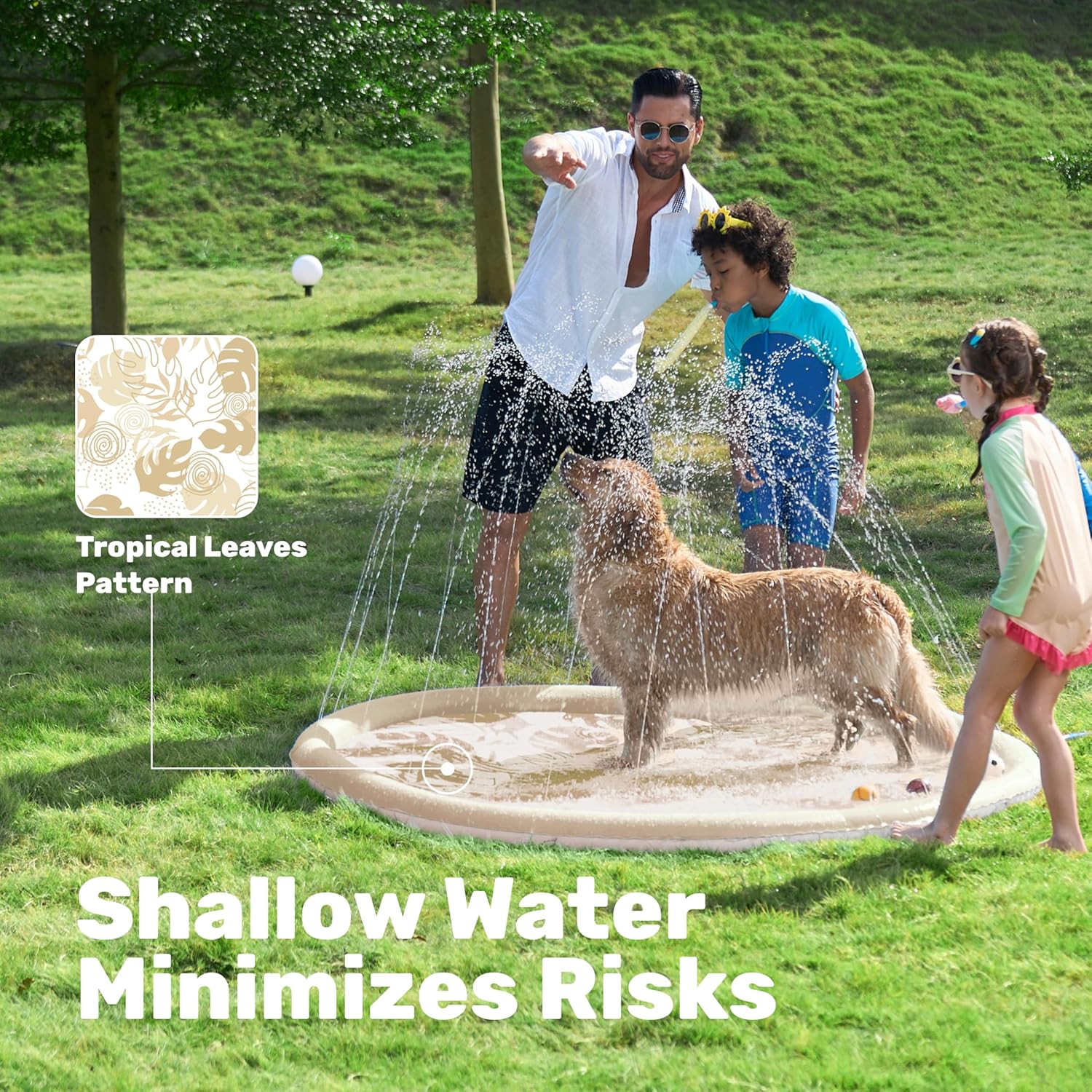 SLOOSH Splash Pad Sprinkler Mat - 6ft Tropical Leaves Outdoor Water Play Toys for Kids Dogs, Backyard Party in Summer Decor Outside Water Games Fountain Pool Children Boys Girls Toddlers (Champagne)