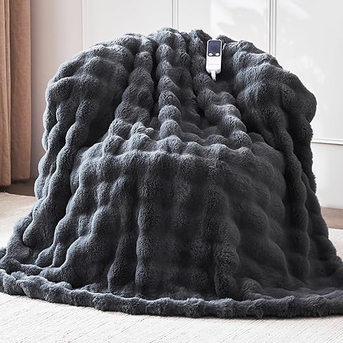 Heated Blanket Throw 50''x60'', Fast Heating Electric Blanket Ultra-Soft Faux Rabbit Fur with 5 Heat Levels & 5H Auto Shut-Off, Overheat Protection, Machine Washable