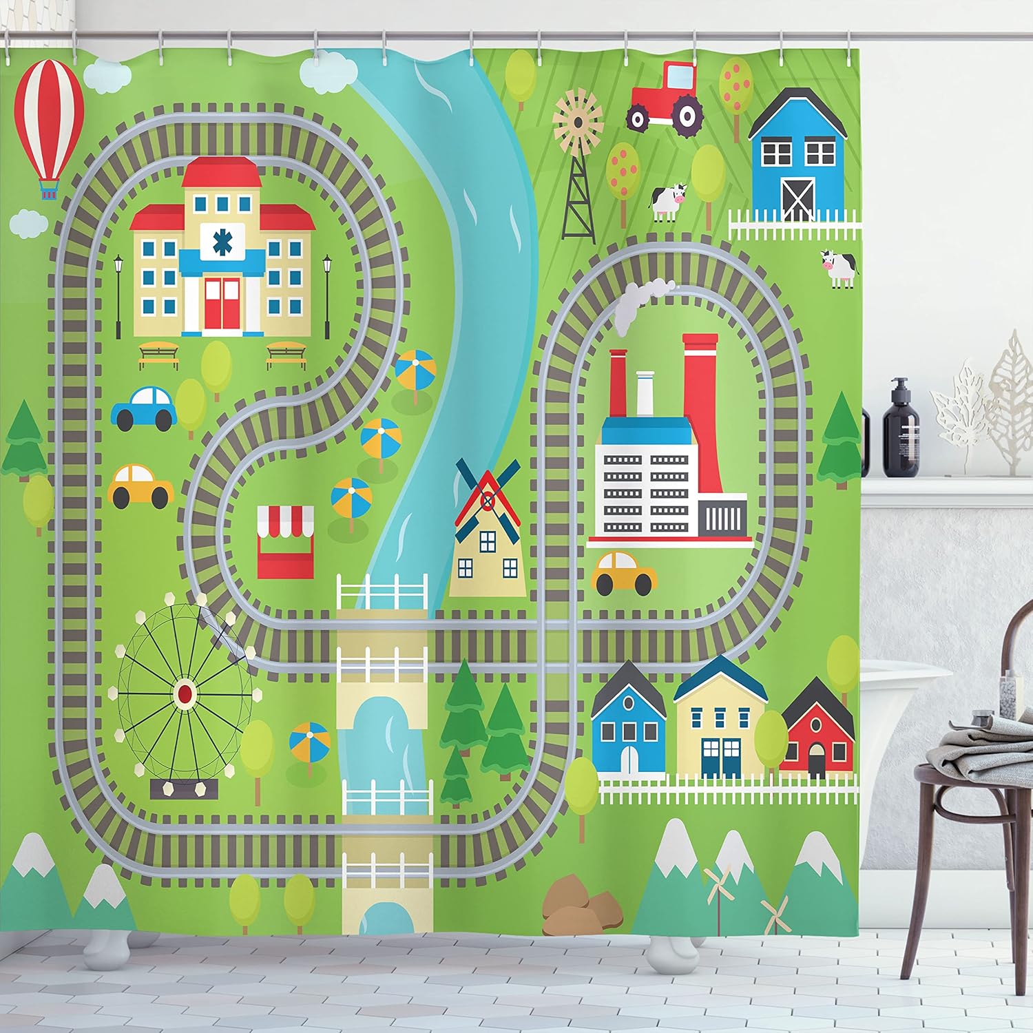 Ambesonne Cartoon Activity Shower Curtain, Country Community Themed Activity Filled Town Amusement Park Farm Hospital, Cloth Fabric Bathroom Decor Set with Hooks, 69" W x 70" L, Apple Green