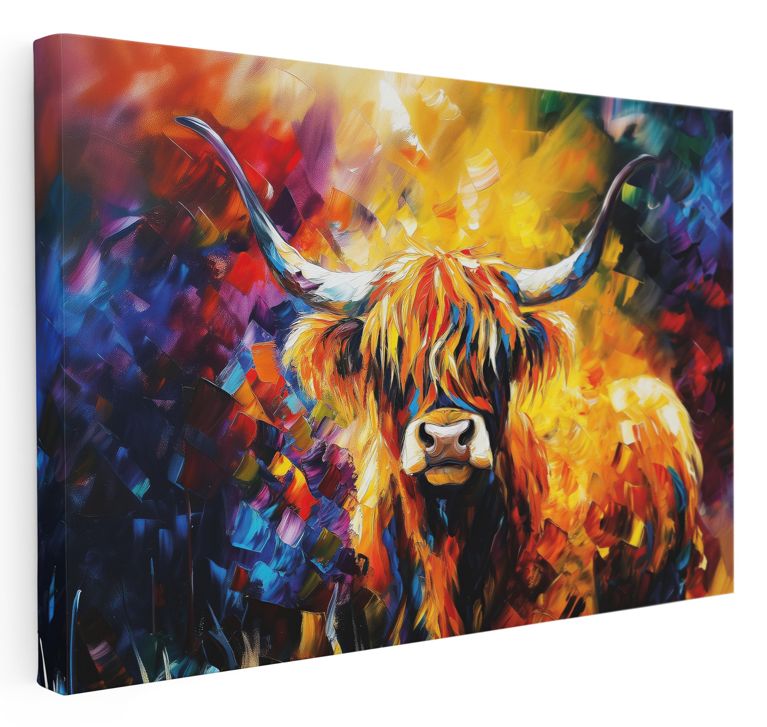 Pastello Multicolour Highland Cow Colourful Canvas Wall Art – Abstract Wall Art Print For Living Room, Bedroom, Office, Framed Artwork (102Cm X 77Cm / 40X30inch)