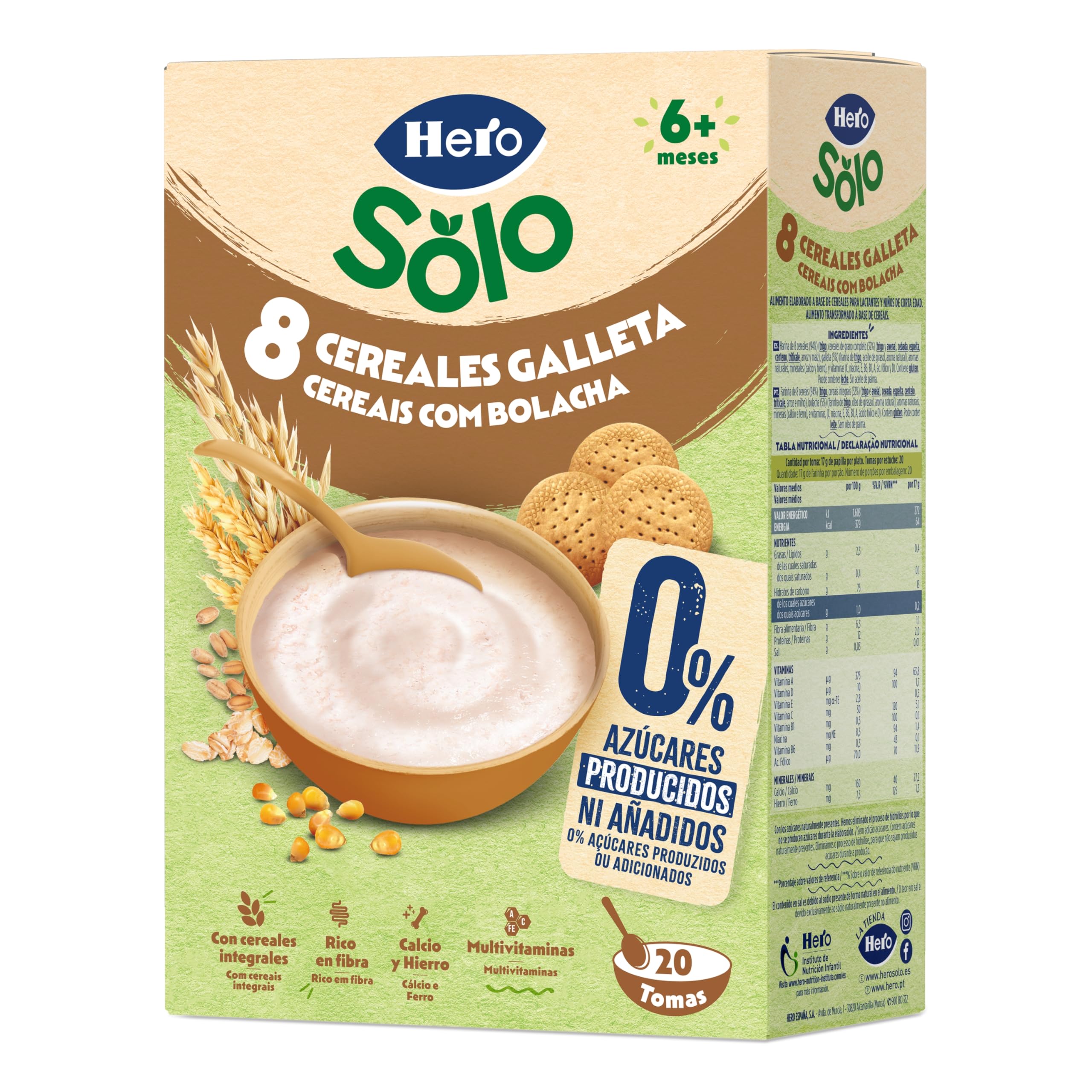 Hero Solo Papilla 8 Cereales con Galleta Sin Azúcares Añadidos para Bebés 6 Meses