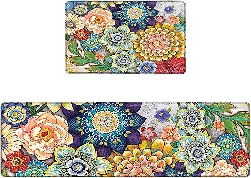 Miniatura 21 de Alfombras de cocina bohemias florales para suelo, 2 piezas de espuma viscoelástica, acolchadas, antifatiga, antideslizantes, acolchadas, cómodas