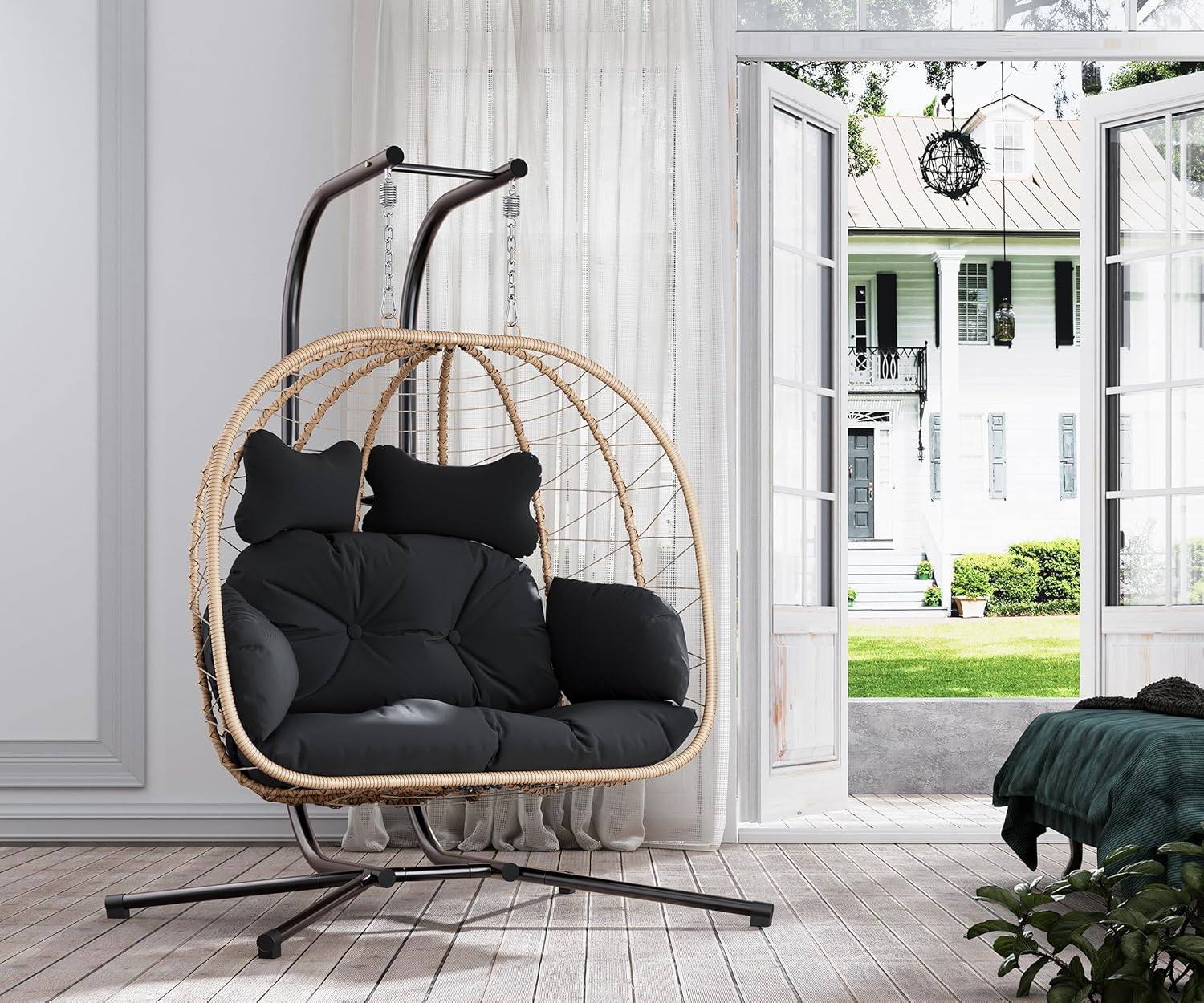 Double Indoor/Outdoor Wicker Swing Egg Chair Hammock Foldable Hanging Loveseat with Stand, UV Resistant Removable Cushions, 700LBS Capacity