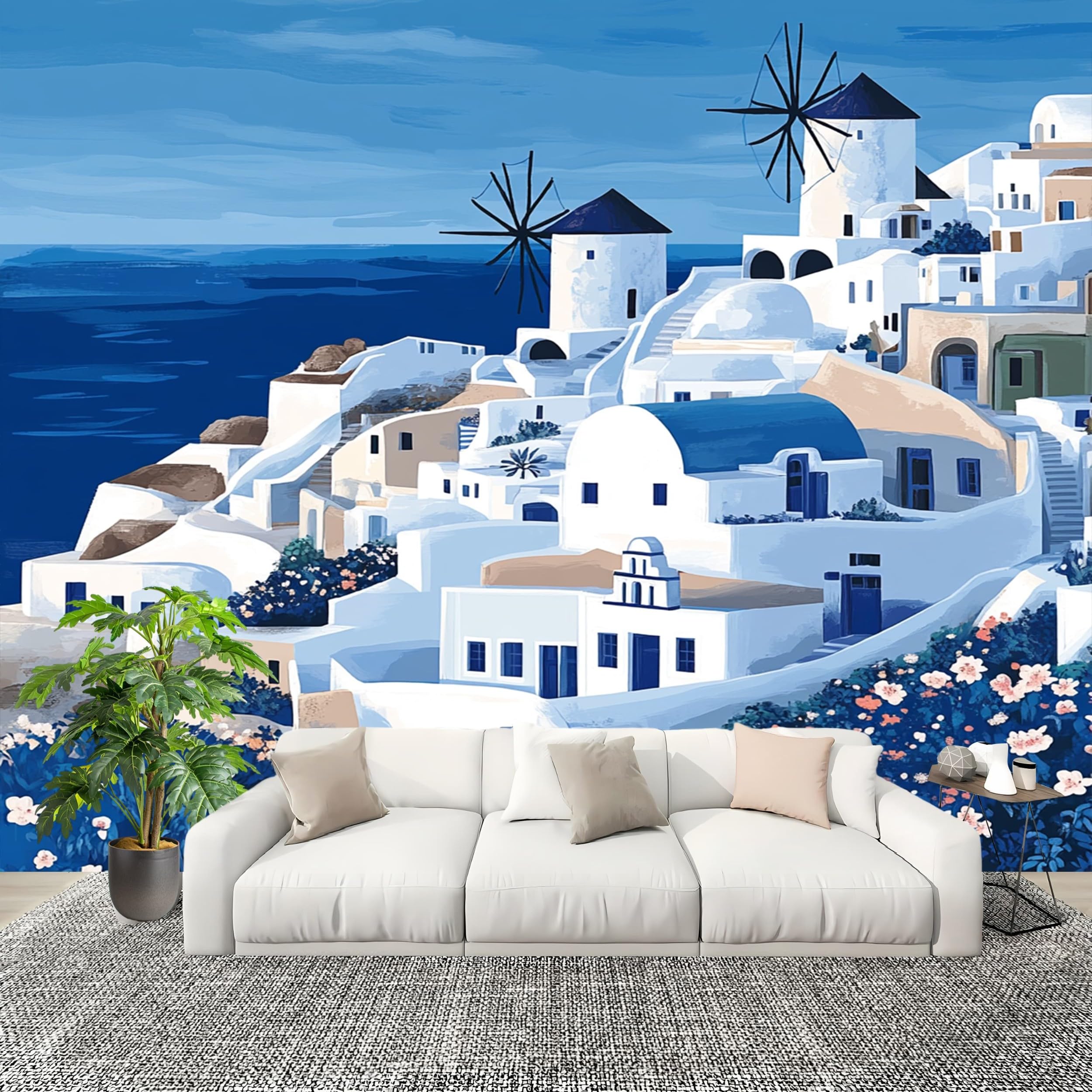 Naklejki ścienne do salonu 300 x 210 cm Santorini Architektoniczne wzory efekt 3D Murale ciemnoniebieskie tapety z włókniny plakat projekt pokoju zabaw korytarz salon ściany