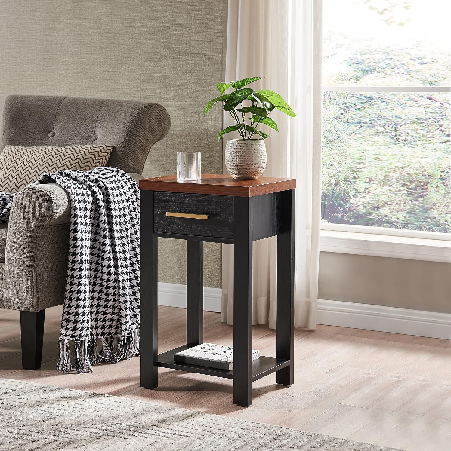 Kings Brand Furniture - Sendero Wooden Chairside Side End Table with Drawer and Open Storage Shelf, Black/Walnut