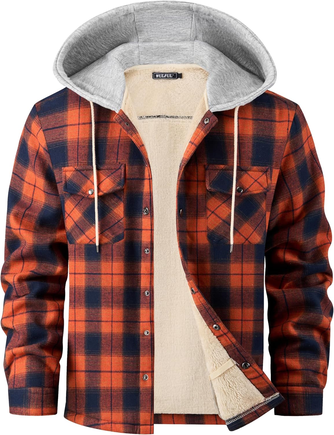 WULFUL Men's Flannel Plaid Shirts Jacket Fleece Lined Winter Shirts Soft Warm Coat with Hood for Men