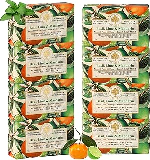 Basil, Lime & Mandarin Scented Natural Soap (8 Bars), 7oz Moisturizing French Triple Milled Soap Bars enriched with shea butter - Pure Plant Oil Bath & Body Bars for All Skin Types