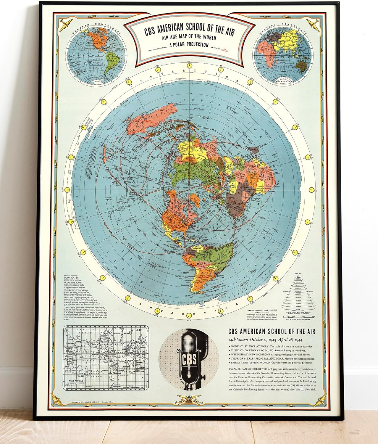 Historic Pictoric Flat Earth Map: 1943 CBS American School of the Air Age Map of the World, A Polar Projection, 1943 - V