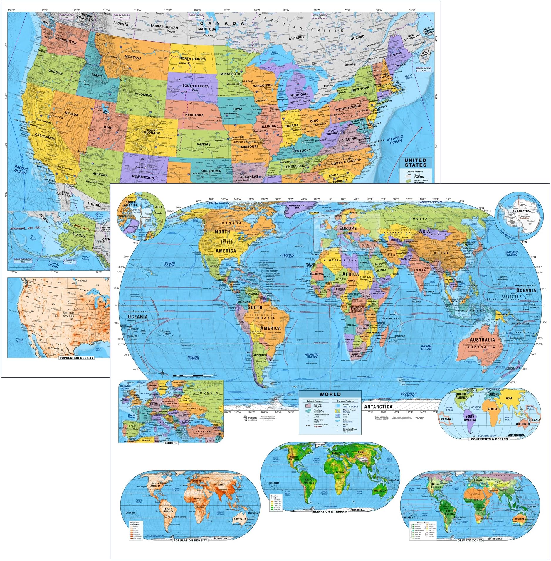 US & World Advanced Political Classroom Map Pack by BrightWay Educational | 36" x 30" Educational Wall Maps | Grades 9+ | Detailed Geography with Major & Secondary Cities | Geographical & Ocean Features (With Educational Panels)