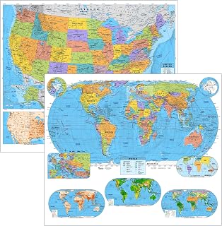 US & World Advanced Political Classroom Map Pack by BrightWay Educational | 36" x 30" Educational Wall Maps | Grades 9+ | Detailed Geography with Major & Secondary Cities | Geographical & Ocean Features (With Educational Panels)