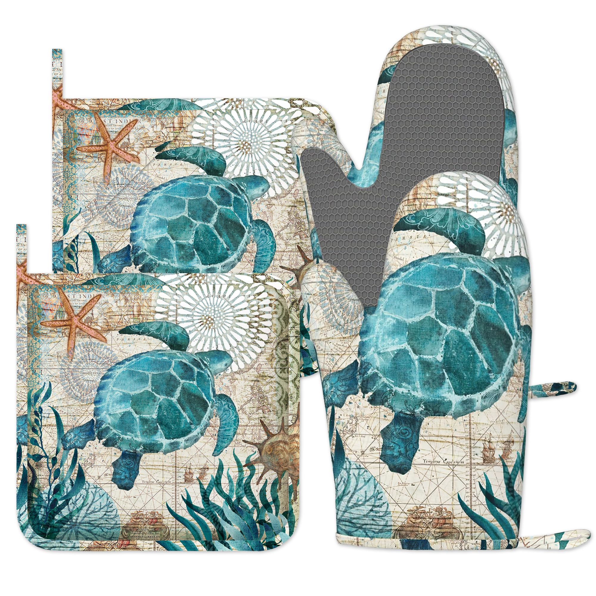 Bilangce Retro Ocean Turtle Water Plants Oven Mitts And Pot Holders Sets, Oven Gloves Heat Resistant, Cute Baker Stuff, Chef Cooking Baking Gifts For Bakers, Kitchen Gifts For Cooking Lover Cooks Mom