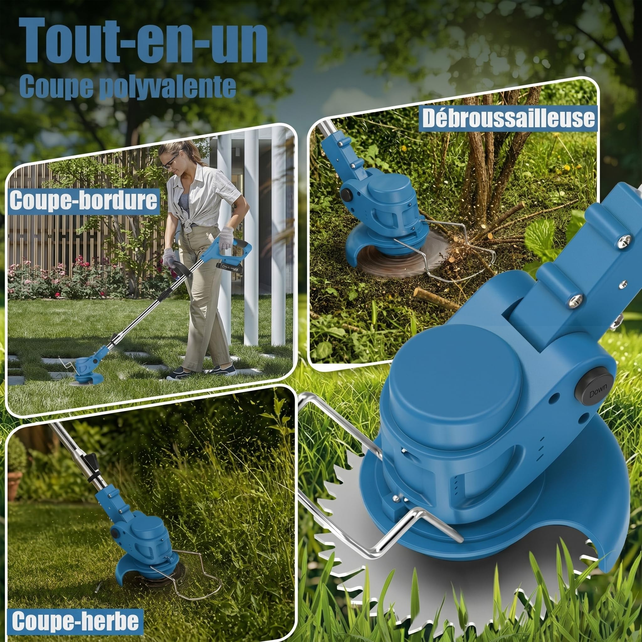 Debroussailleuse Electrique sans Fil 850W Rotofil Batterie 1.8kg Pliable 60cm Manche Telescopique 2X 2000mAh 26 Lames 4 Types pour Entretien Jardin (Bleu Encre)