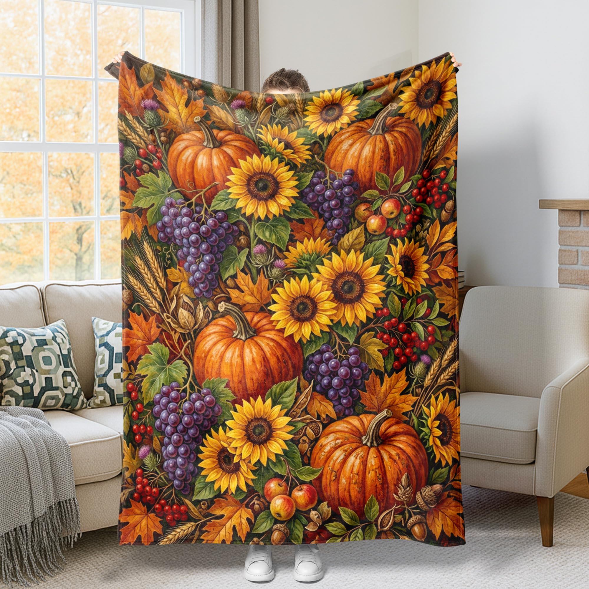 Plaid citrouilles et tournesols en fourrure orange pour réchauffer vos soirées sur le canapé