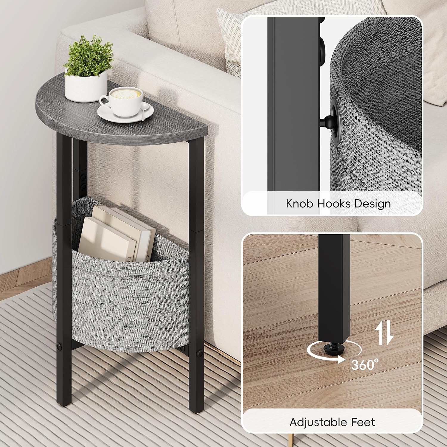 Vagusicc Small Round Side Table End Table, Tall Accent Table with Storage Basket, Set of 2 Half Round Table Half Moon Tables, Coffee Bedside Table Modern Nightstand for Living Room Bedroom Gray Walnut