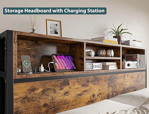 Miniatura 6 de EnHomee Base de cama Queen con 6 cajones de almacenamiento, marco de cama tamaño Queen con cabecera y estación de carga, sin ruido, no necesita