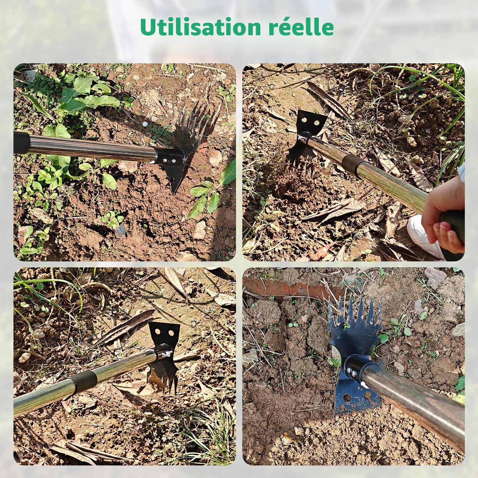 Outil d'arrache-mauvaises herbes avec long manche, râteau manuel 2 en 1 et binette de jardin de 150 cm, 4 sections détachables et robustes avec gants pour terrasse, jardin, cour, pelouse
