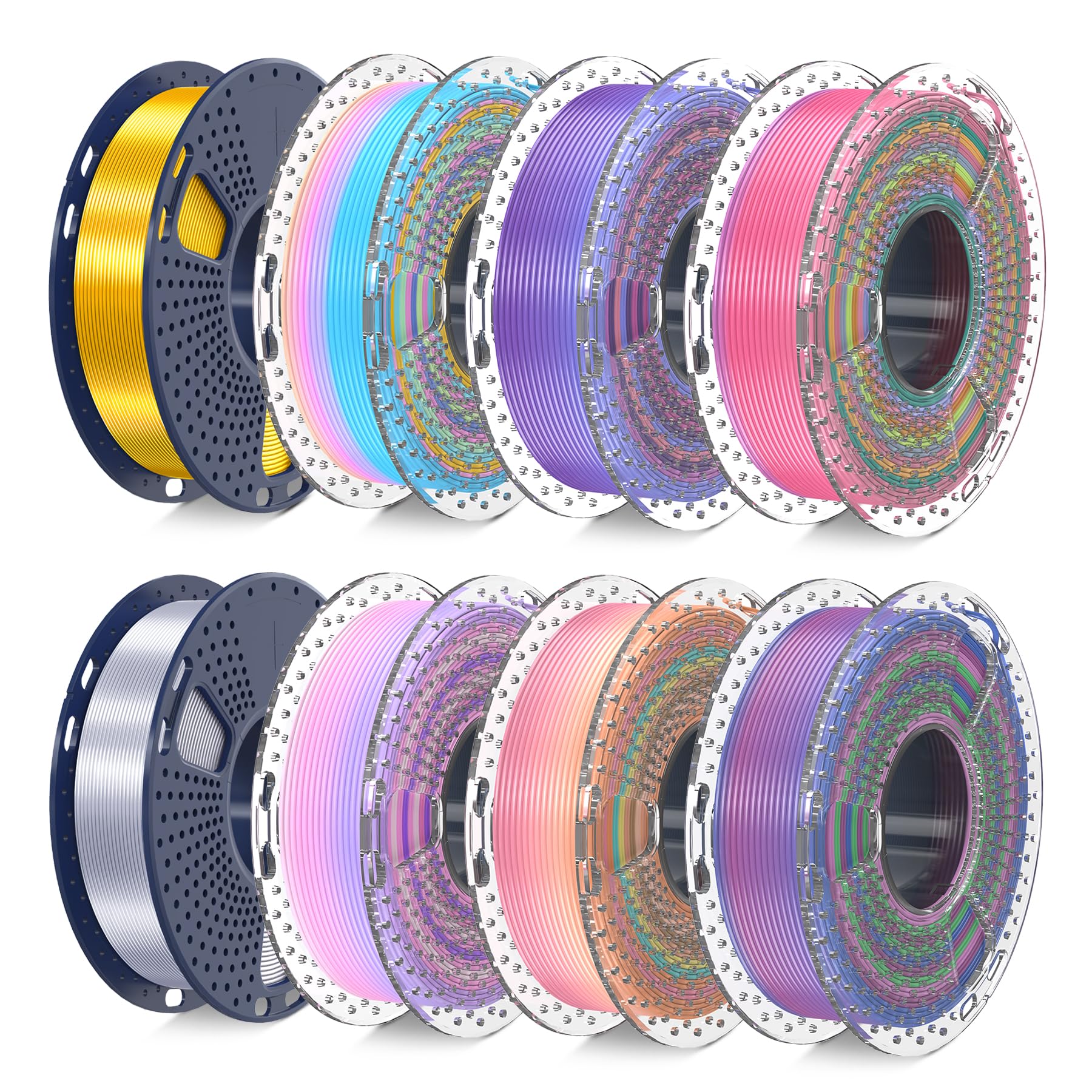 SUNLU 250 g x 8 - Filament z efektem jedwabiu - Szybka zmiana koloru co 8 m - Wielokolorowy filament PLA + drukarka 3D - 250 g na szpulę - 8 szpul - 2 kg łącznie - Efekt tęczy jedwabiu