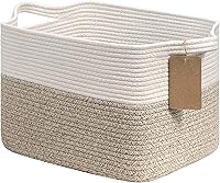 Goodpick Cotton Rope Woven Storage Basket with Handles - 13x10x9 Inches for Toys, Books, Organizing - Brown & White