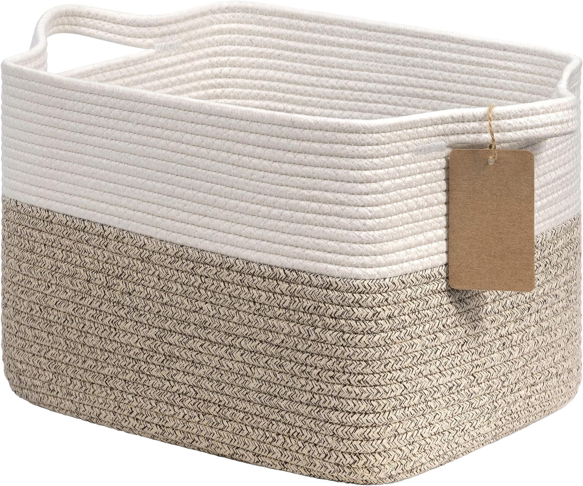 - Goodpick Woven Storage Basket, Cotton Rope Basket for Dog Toys, Books, Stylish Gift Basket with Handles, 13 x 10 x 9 Inches Square Baskets for Organizing, Brown and White
