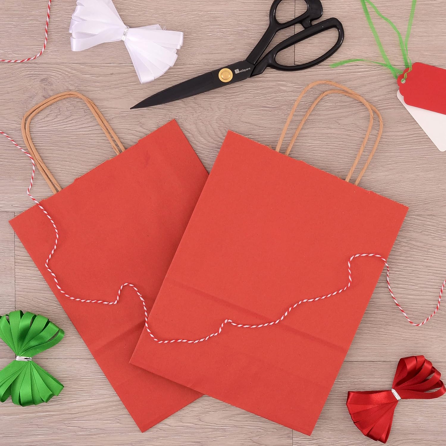 Prime Line Packaging Red Gift Bags, Kraft Paper Bags Small with Handles, Shopping Tote Bags for Gift Cards, Party Favors, Retail Shopping, Merchandise, Events, Bulk, 8x4x10, 100 Pack