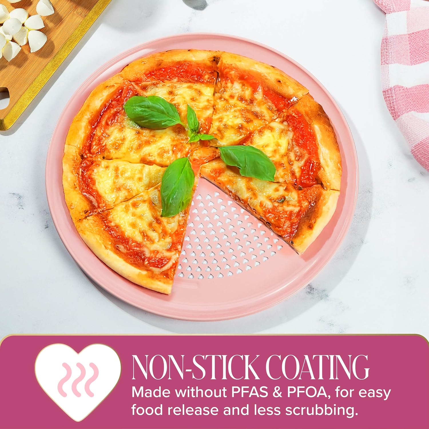 Paris Hilton Pizza Crisper with Heart Cut Outs, Heavy Duty Carbon Steel Baking Pan features Premium Nonstick Coating Made Without PFAS & PFOA, 15.75-Inch, Pink