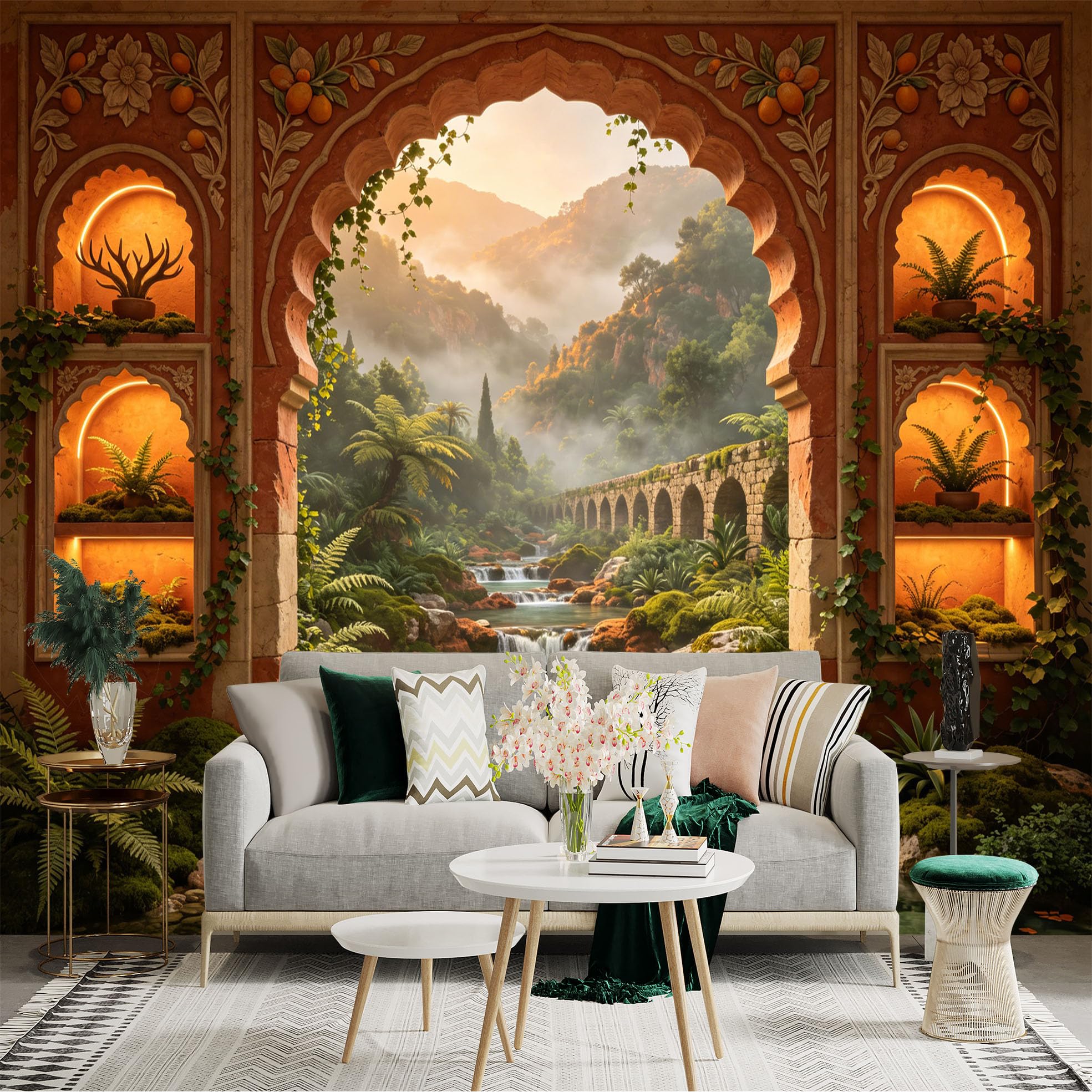 Custom Size Wall Sticker Mural， Tropical Garden with Stone Archway， River and Waterfalls， for wall Decoration， peelandstick wall Decals.
